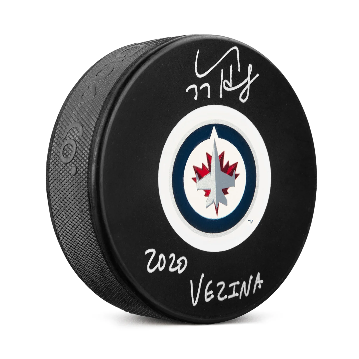 Connor Hellebuyck Signed Winnipeg Jets Hockey Puck with 2020 Vezina Note