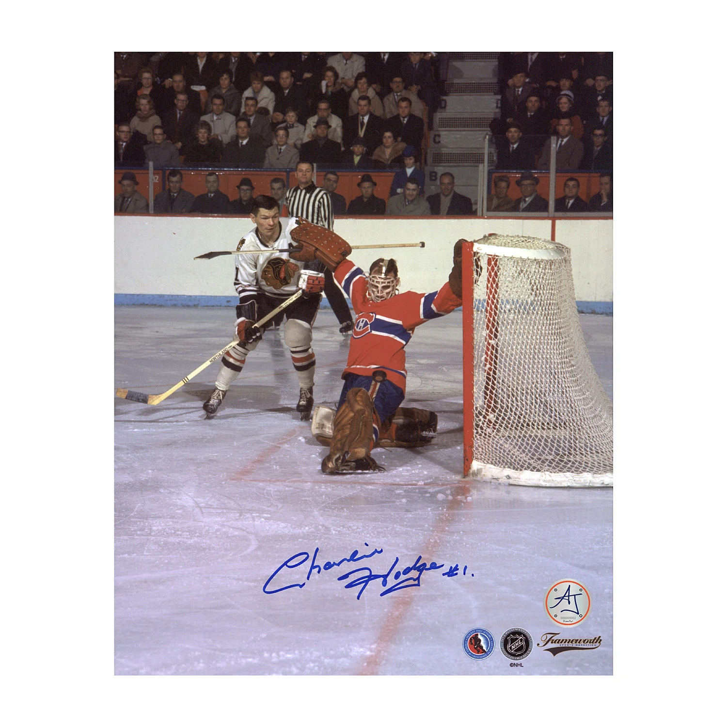 Charlie Hodge Signed Montreal Canadiens Save vs Mikita 8x10 Photo