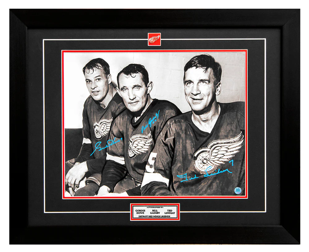 Gordie Howe, Bill Gadbsy & Ted Lindsay Signed Red Wings Legends 26x32 Frame