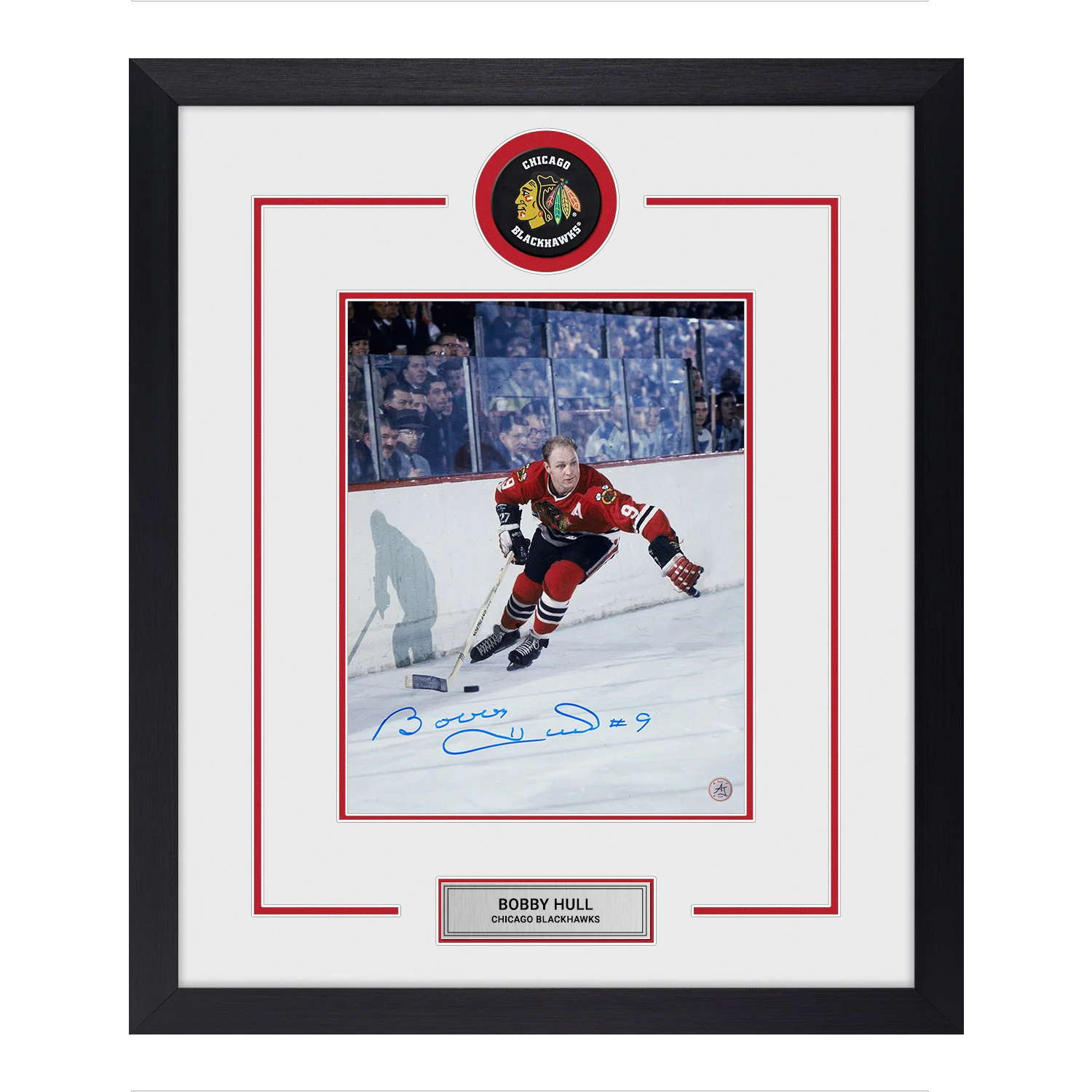 Bobby Hull Signed Chicago Blackhawks Puck Logo 23x27 Frame
