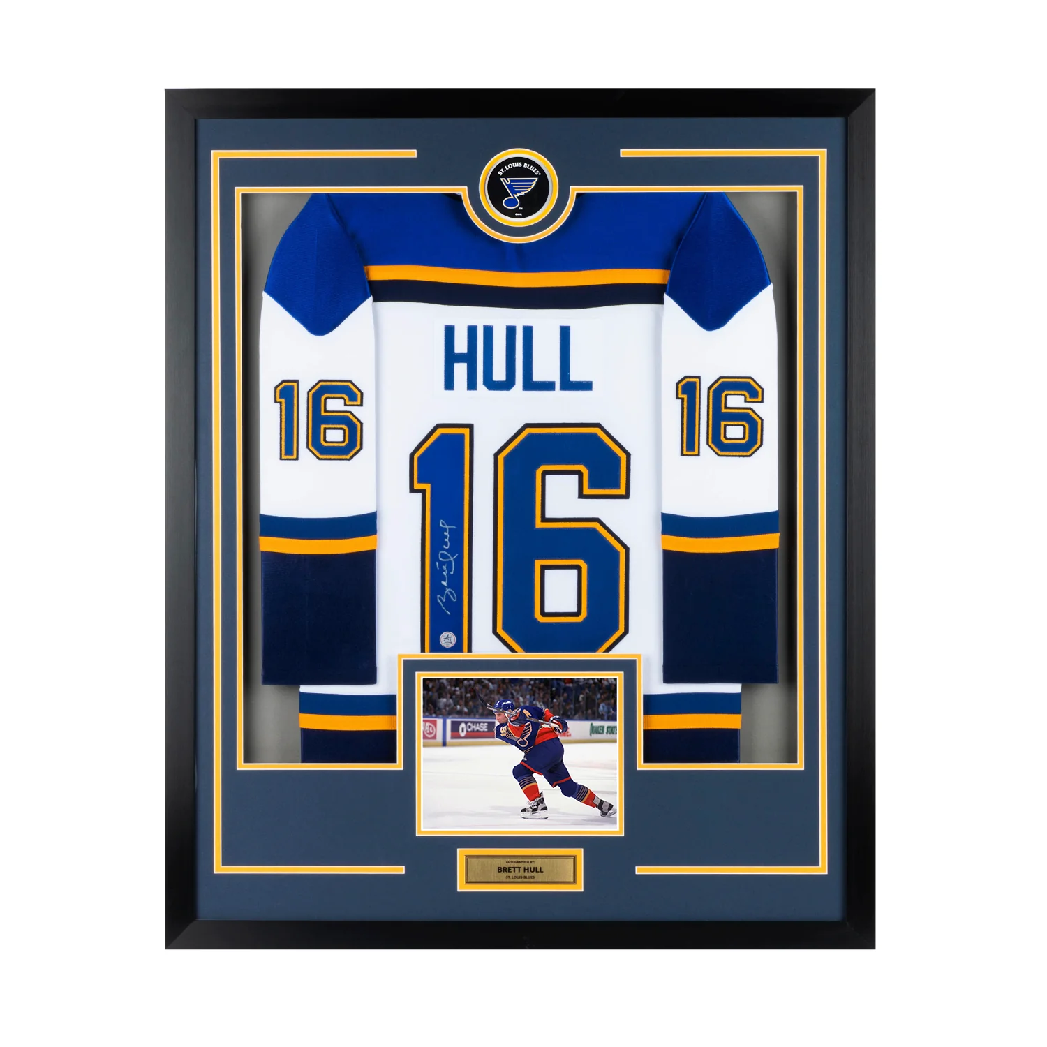 Brett Hull Signed St Louis Blues Puck Logo 36x44 Jersey Frame