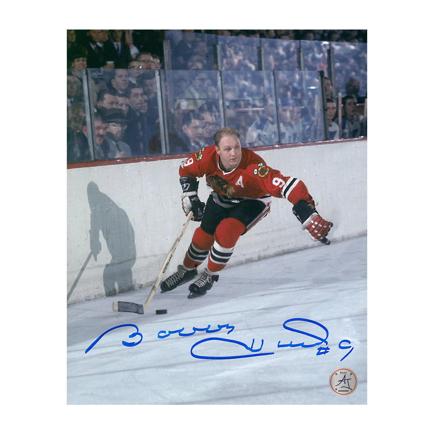Bobby Hull Autographed Chicago Blackhawks Puck Rush 8x10 Photo