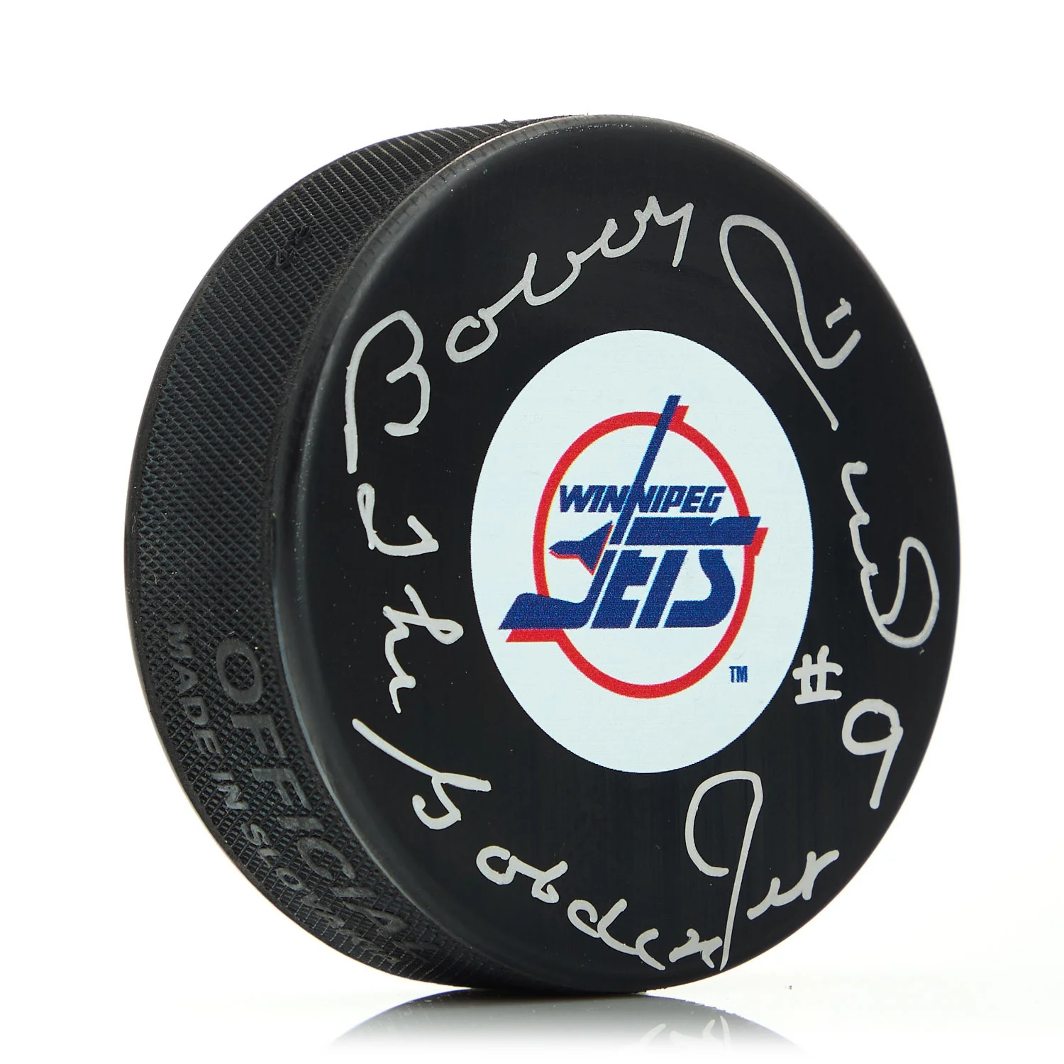 Bobby Hull Signed Winnipeg Jets Hockey Puck with Golden Jet Note