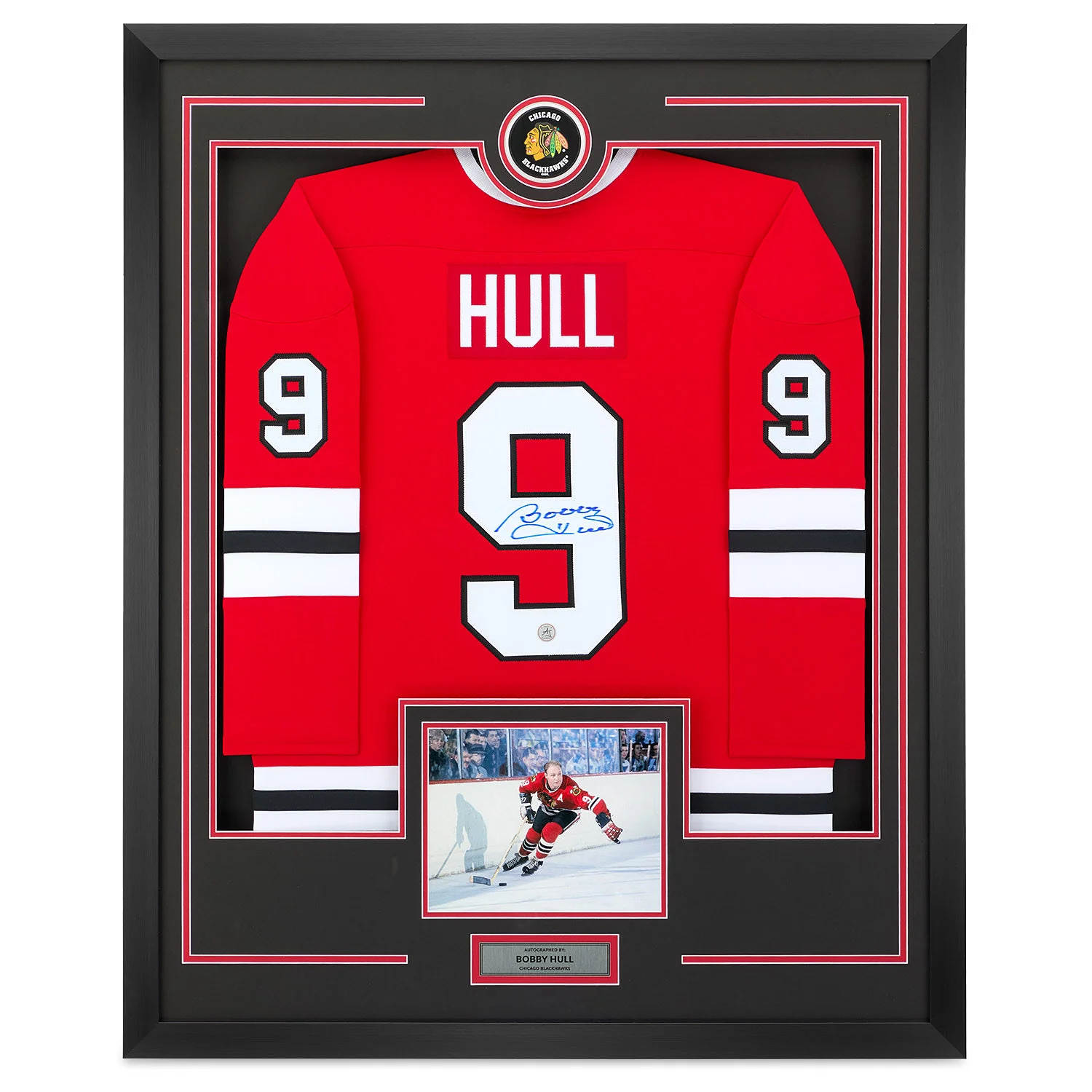 Bobby Hull Signed Chicago Blackhawks Puck Logo 36x44 Jersey Frame