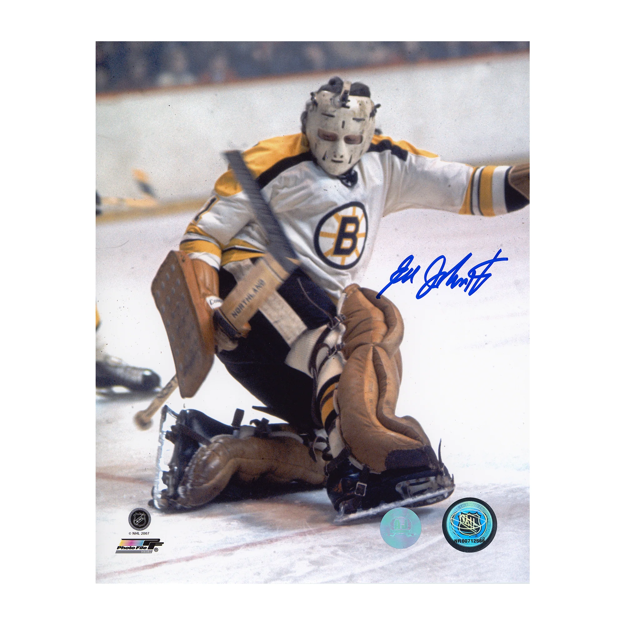 Ed Johnston Autographed Boston Bruins Kick Save 8x10 Photo