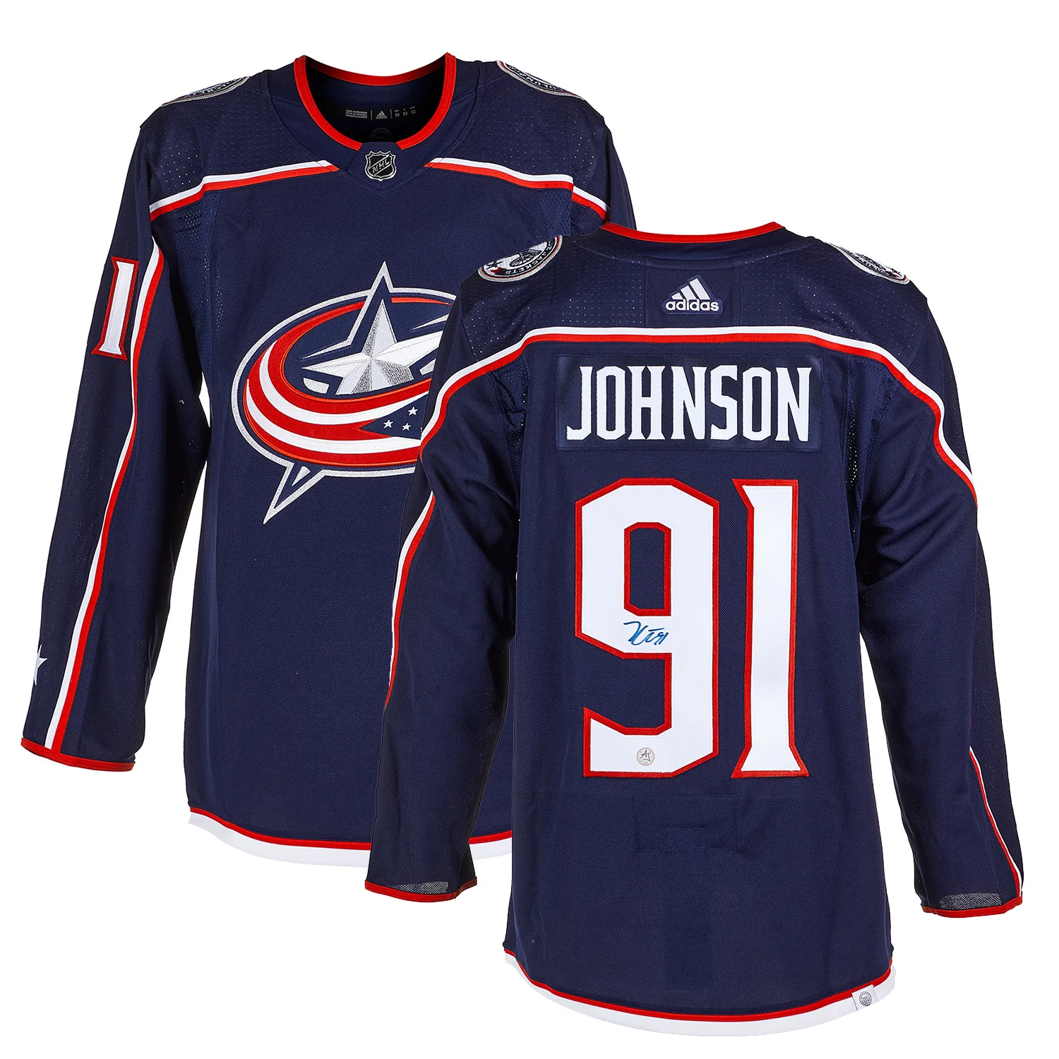 Kent Johnson Autographed Columbus Blue Jackets Blue adidas Jersey - Image 3
