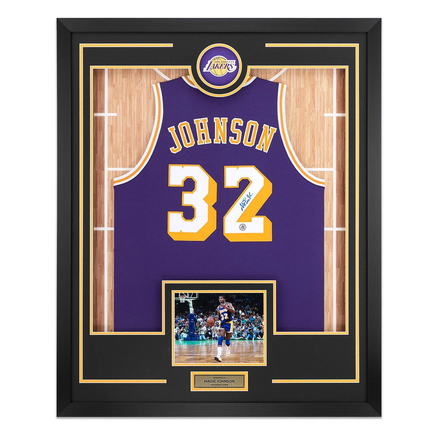 Magic Johnson Signed Los Angeles Lakers Team Logo 36x44 Jersey Frame