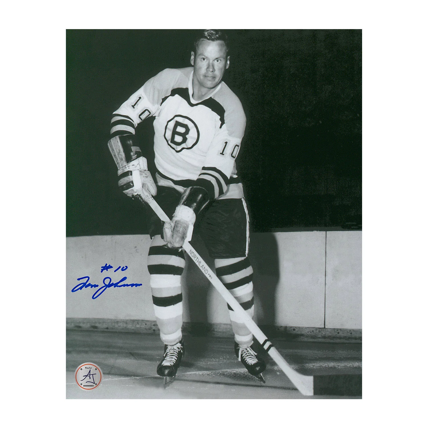 Tom Johnson Autographed Boston Bruins Black and White 8x10 Photo
