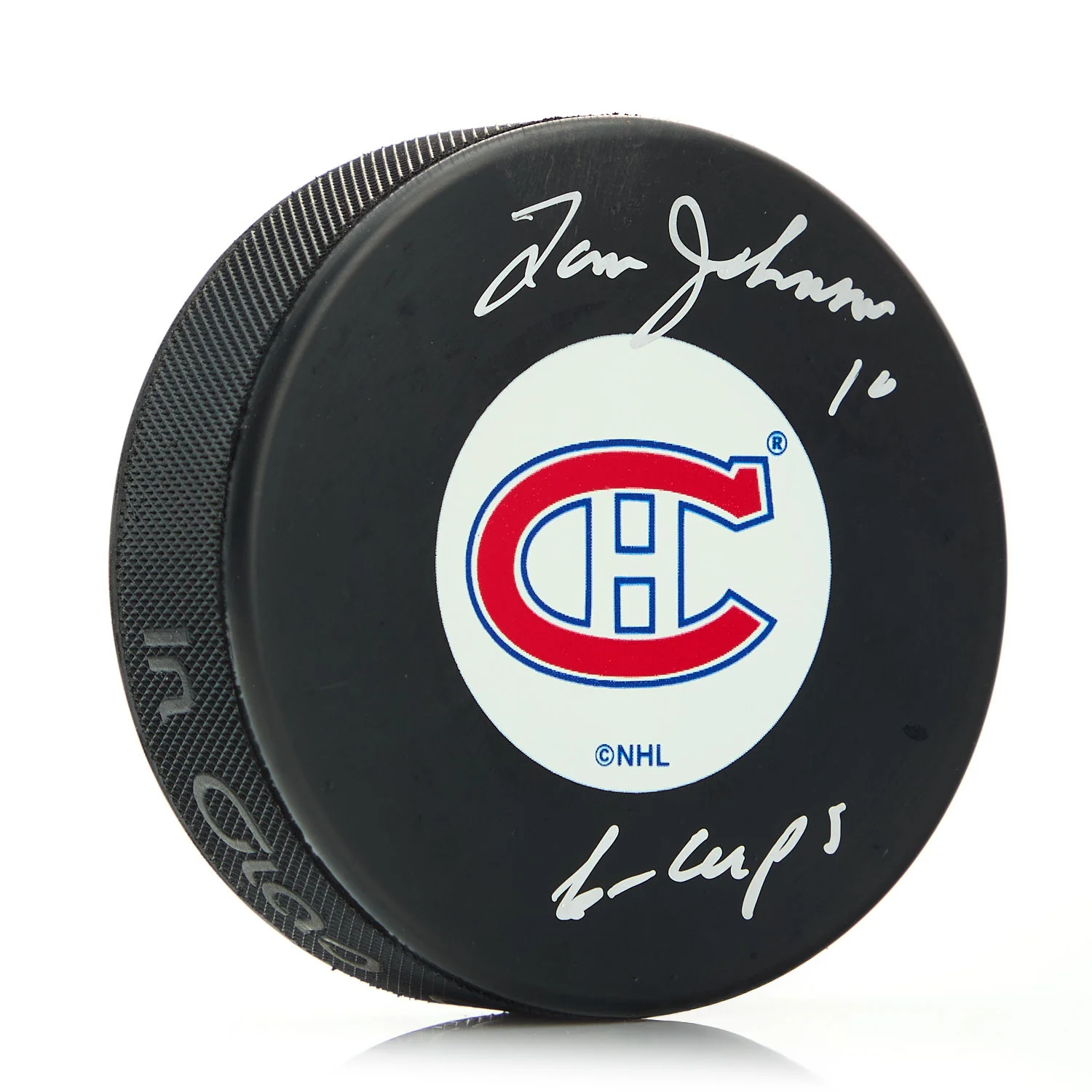 Tom Johnson Montreal Canadiens Signed Hockey Puck with 6 Cups Inscription