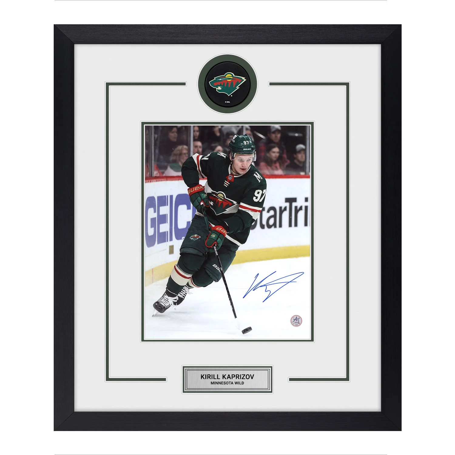 Kirill Kaprizov Autographed Minnesota Wild Puck Logo 23x27 Frame