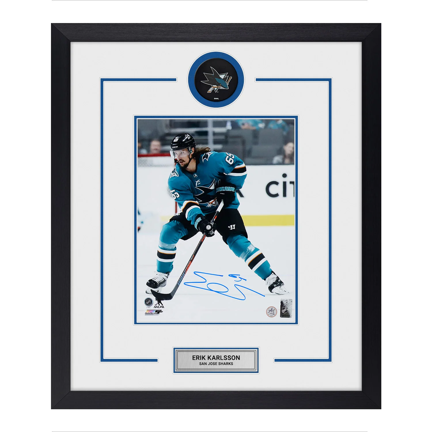 Erik Karlsson Signed San Jose Sharks Puck Logo 23x27 Frame