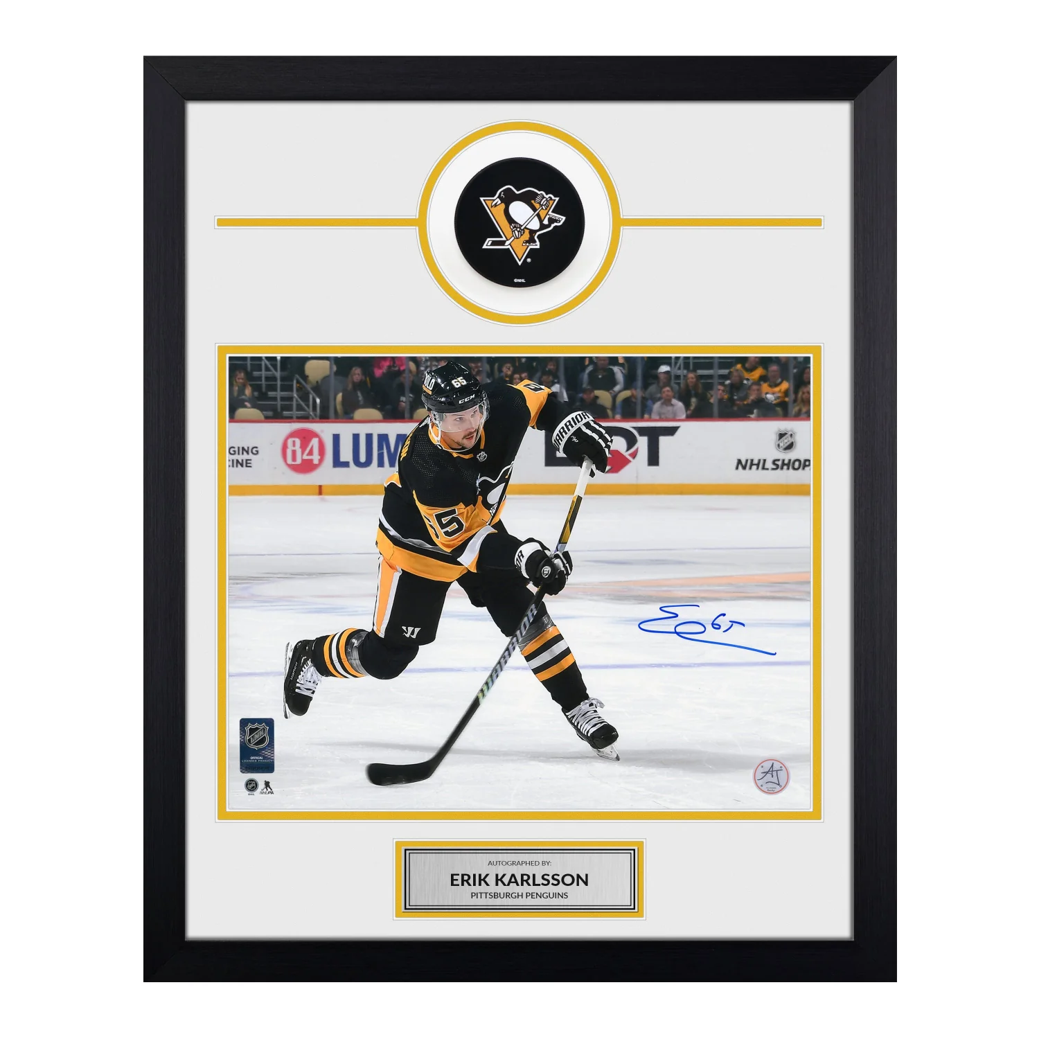 Erik Karlsson Autographed Pittsburgh Penguins Puck Logo 19x23 Frame