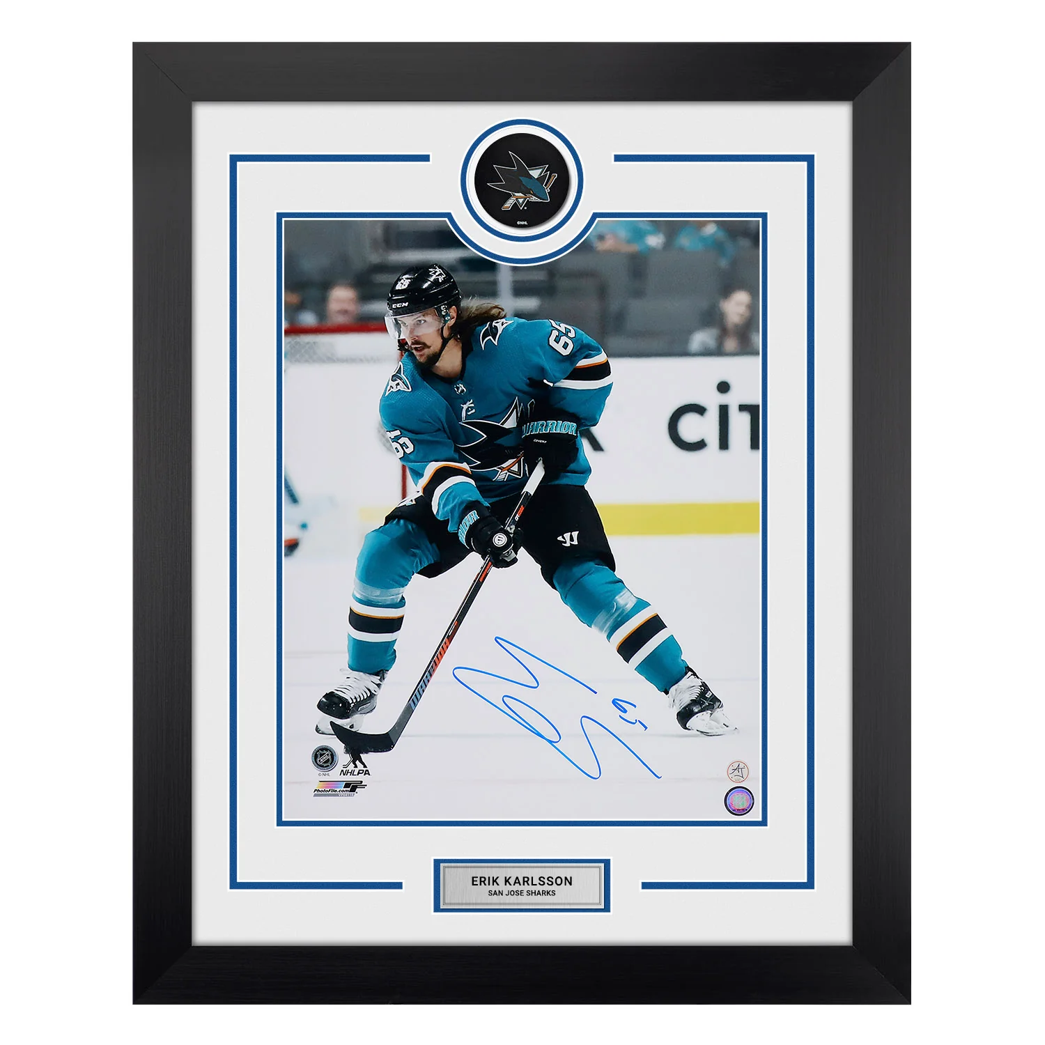 Erik Karlsson Signed San Jose Sharks Puck Logo 26x32 Frame