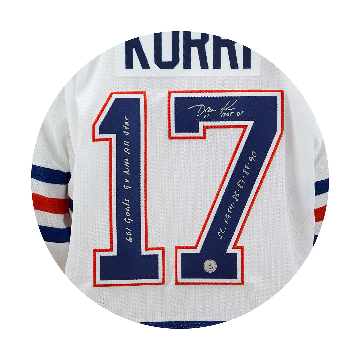 Jari Kurri Signed Edmonton Oilers White Vintage CCM Jersey with Career Stats - Image 3