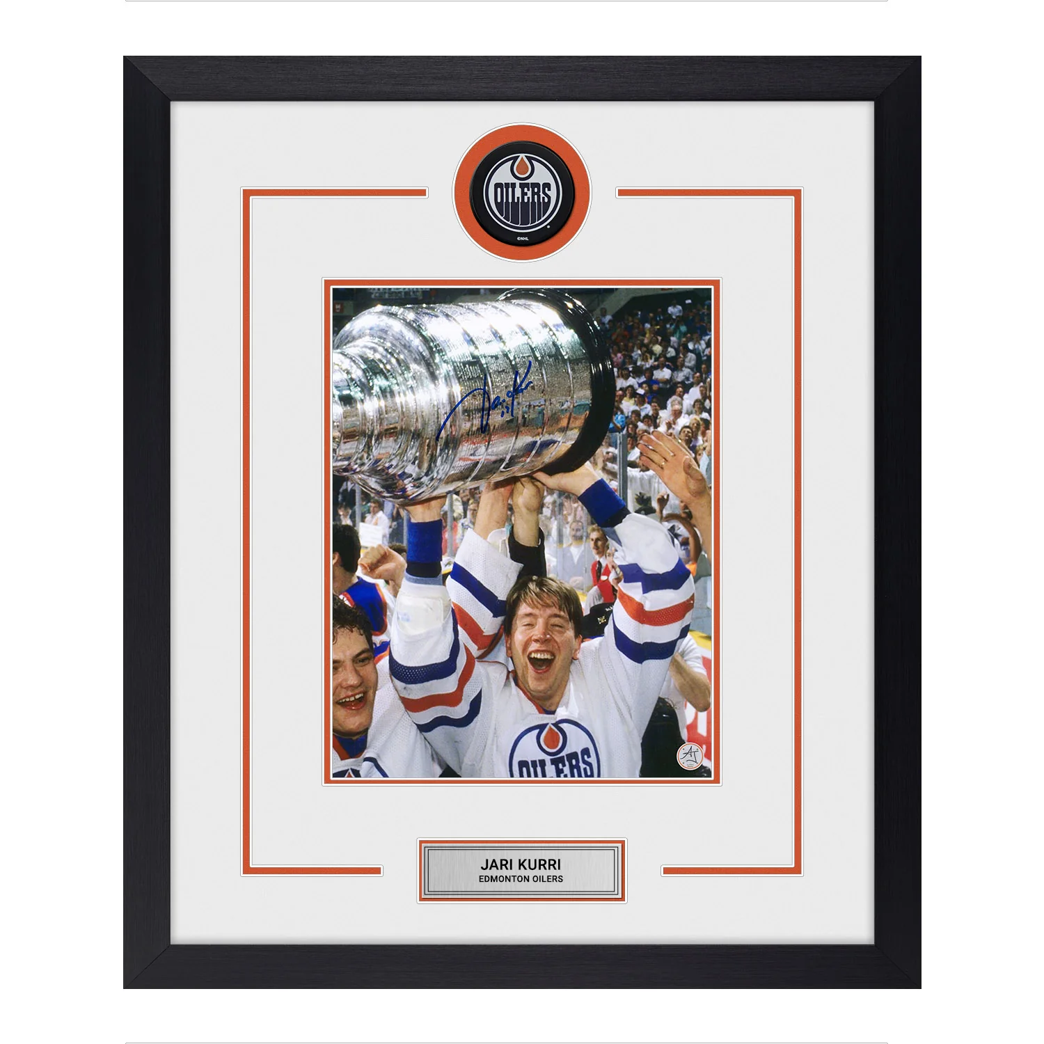Jari Kurri Signed Edmonton Oilers Championship Puck Logo 23x27 Frame