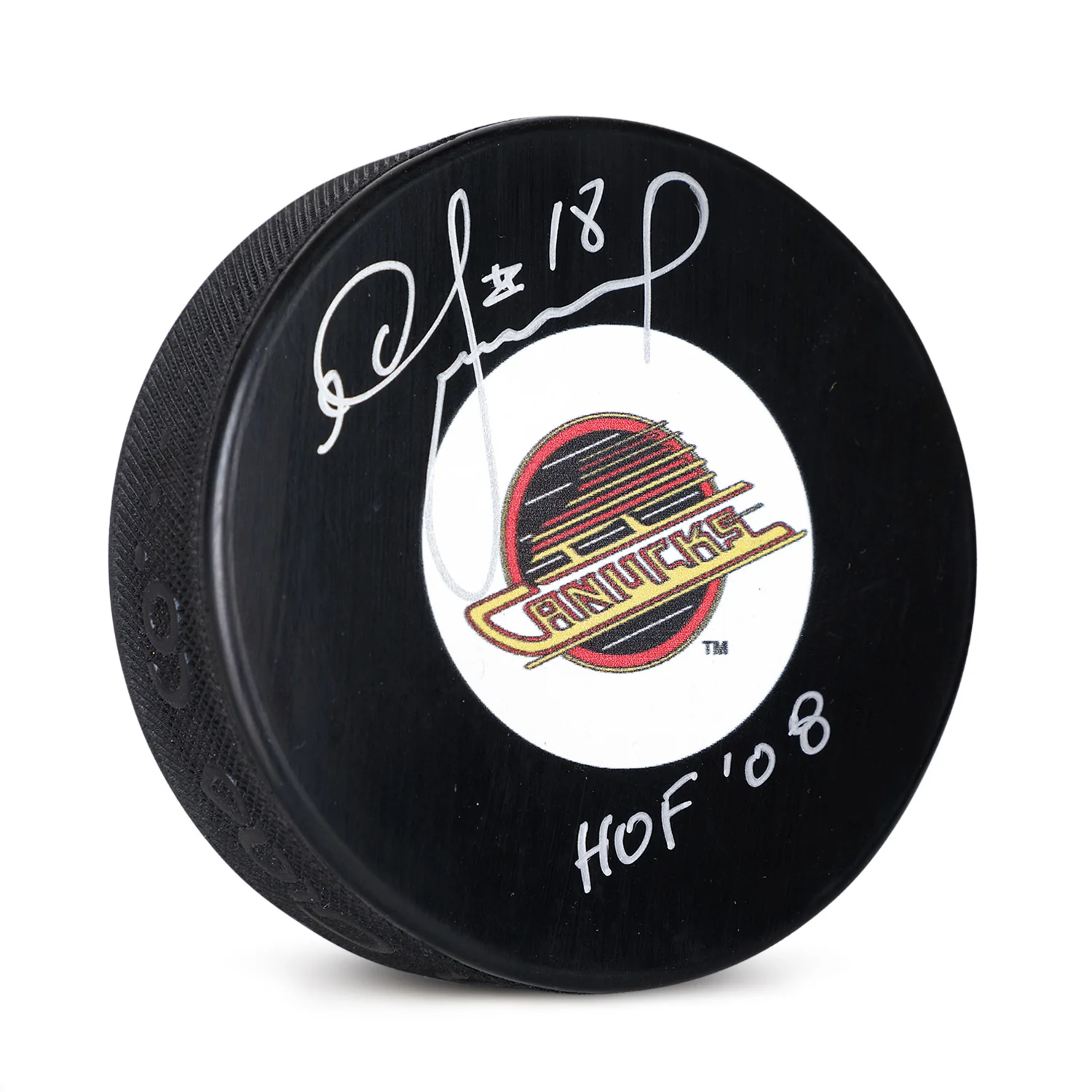Igor Larionov Signed Vancouver Canucks Retro Logo Puck with HOF Note