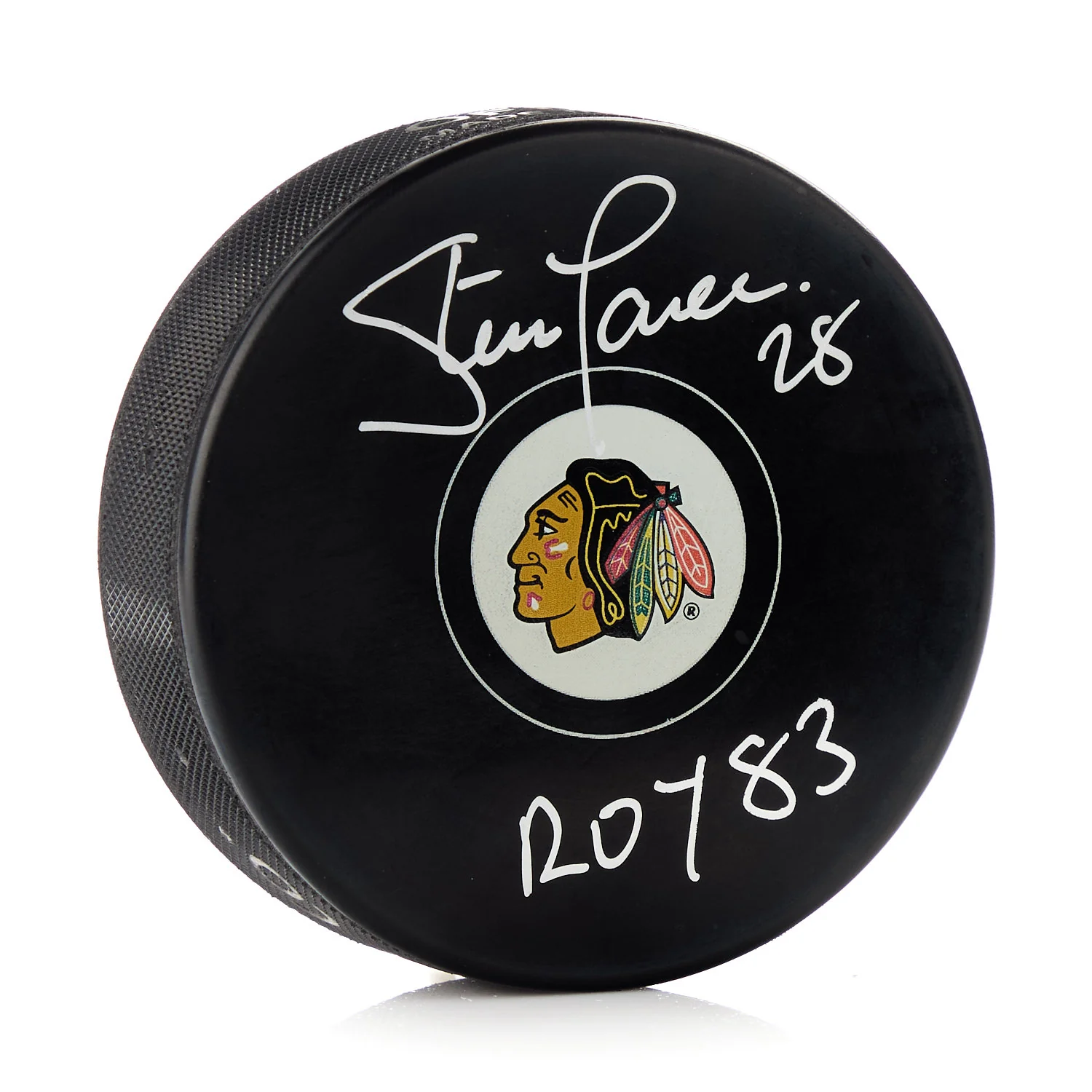 Steve Larmer Signed Chicago Blackhawks Hockey Puck with ROY 83 Note