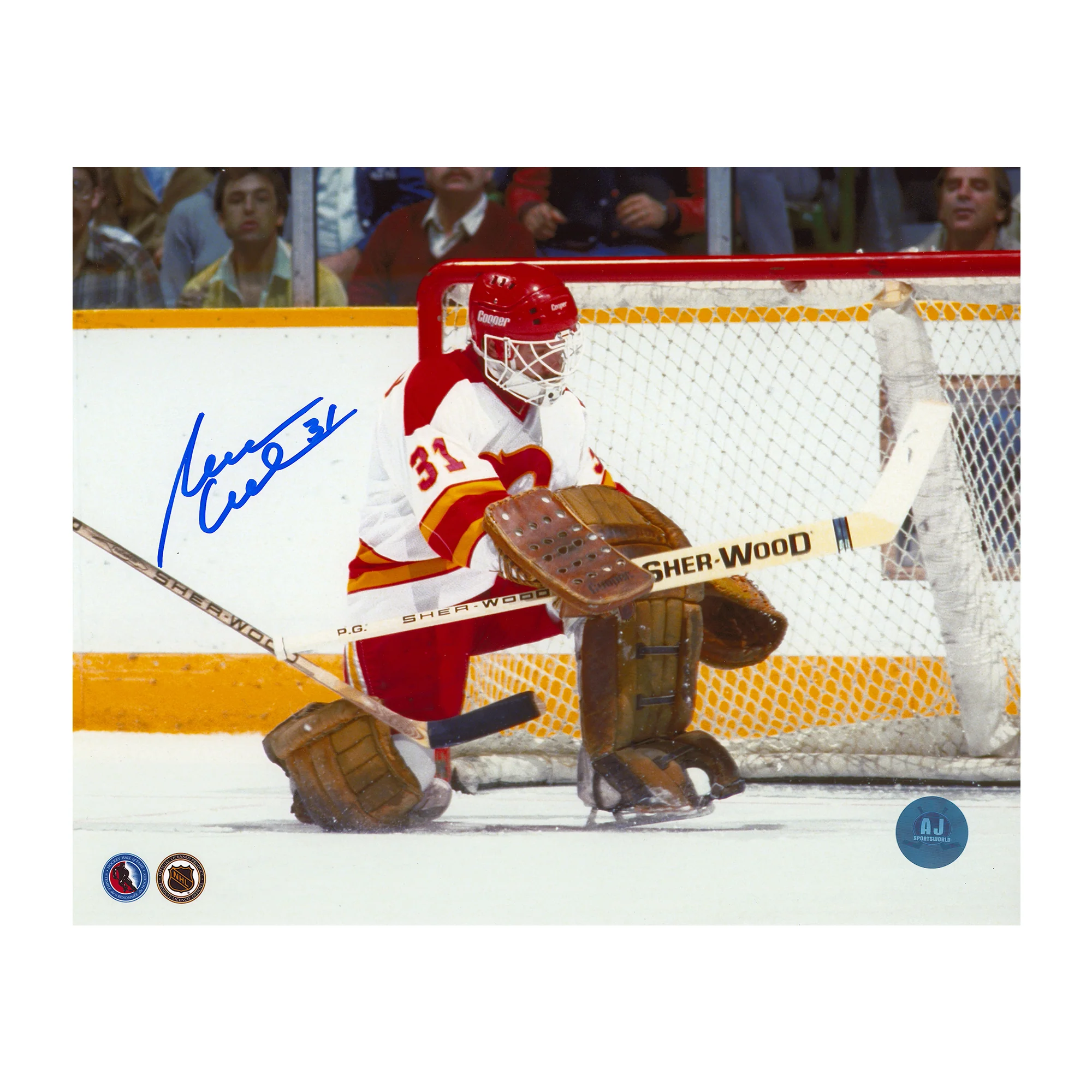Reggie Lemelin Autographed Calgary Flames Kick Save 8x10 Photo