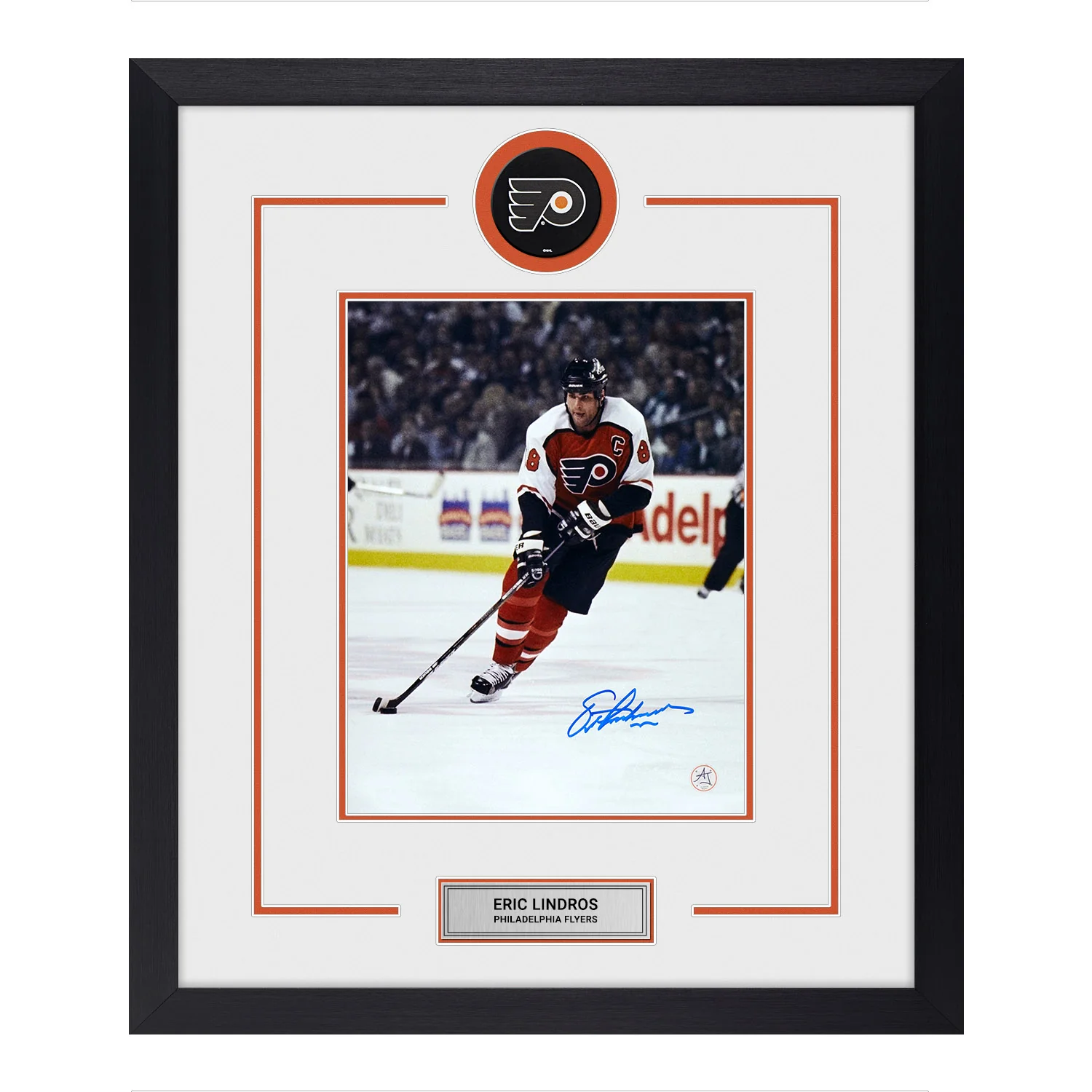 Eric Lindros Autographed Philadelphia Flyers Puck Logo 23x27 Frame