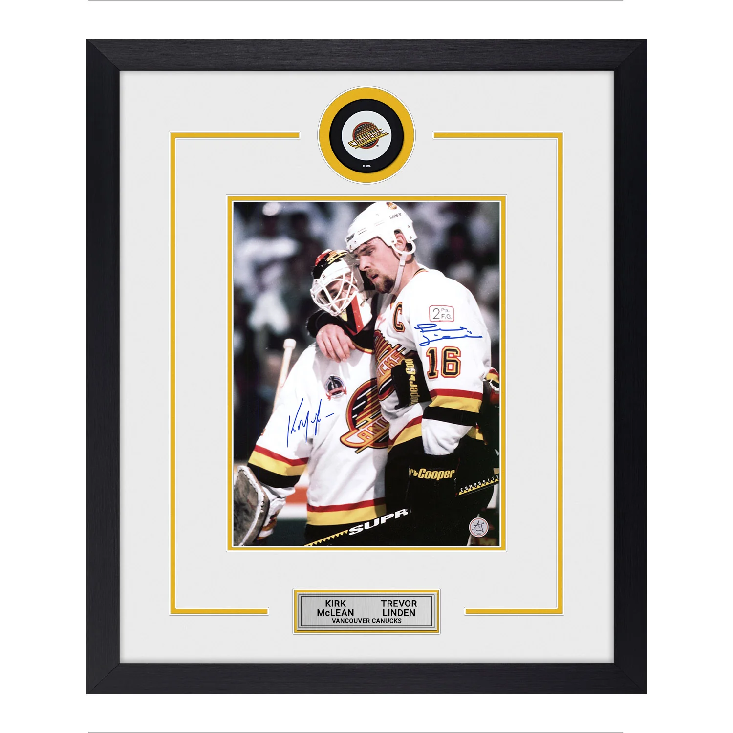 Trevor Linden & Kirk McLean Dual Signed Vancouver Canucks Puck Logo 23x27 Frame