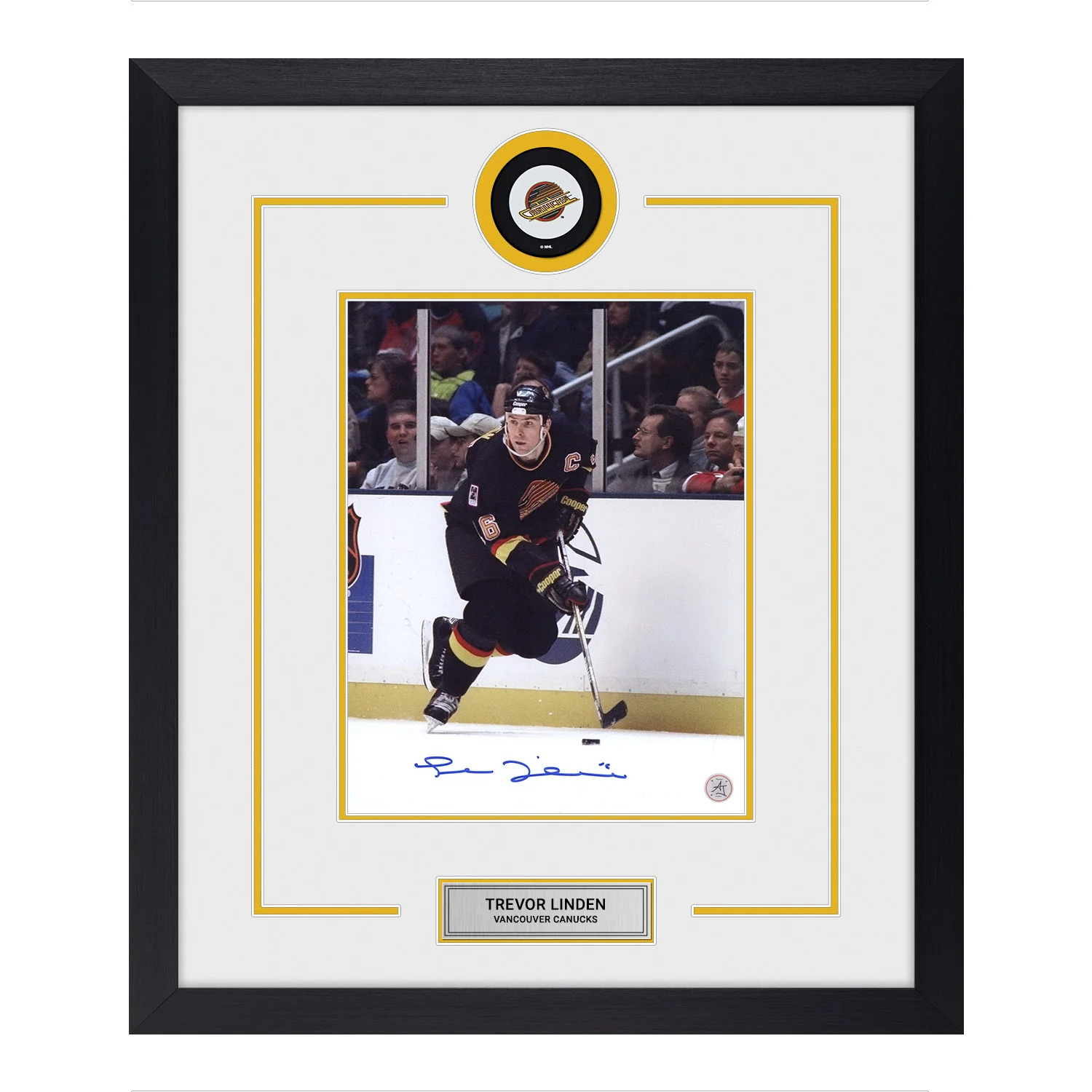 Trevor Linden Autographed Vancouver Canucks Puck Logo 23x27 Frame