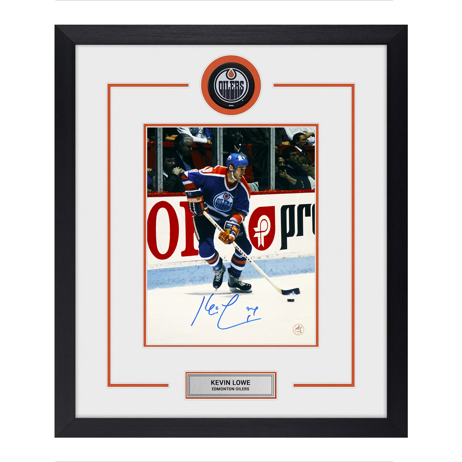 Kevin Lowe Signed Edmonton Oilers Puck Logo 23x27 Frame