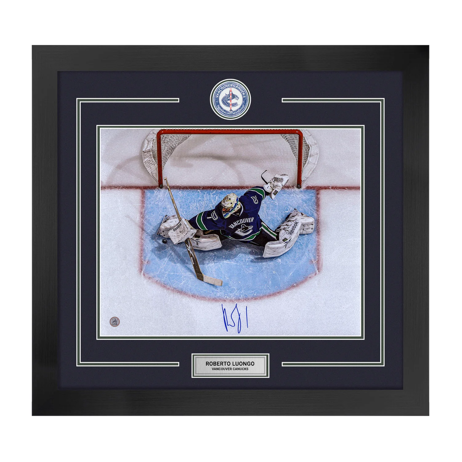 Roberto Luongo Signed Vancouver Canucks Centre Ice Logo 28x30 Frame