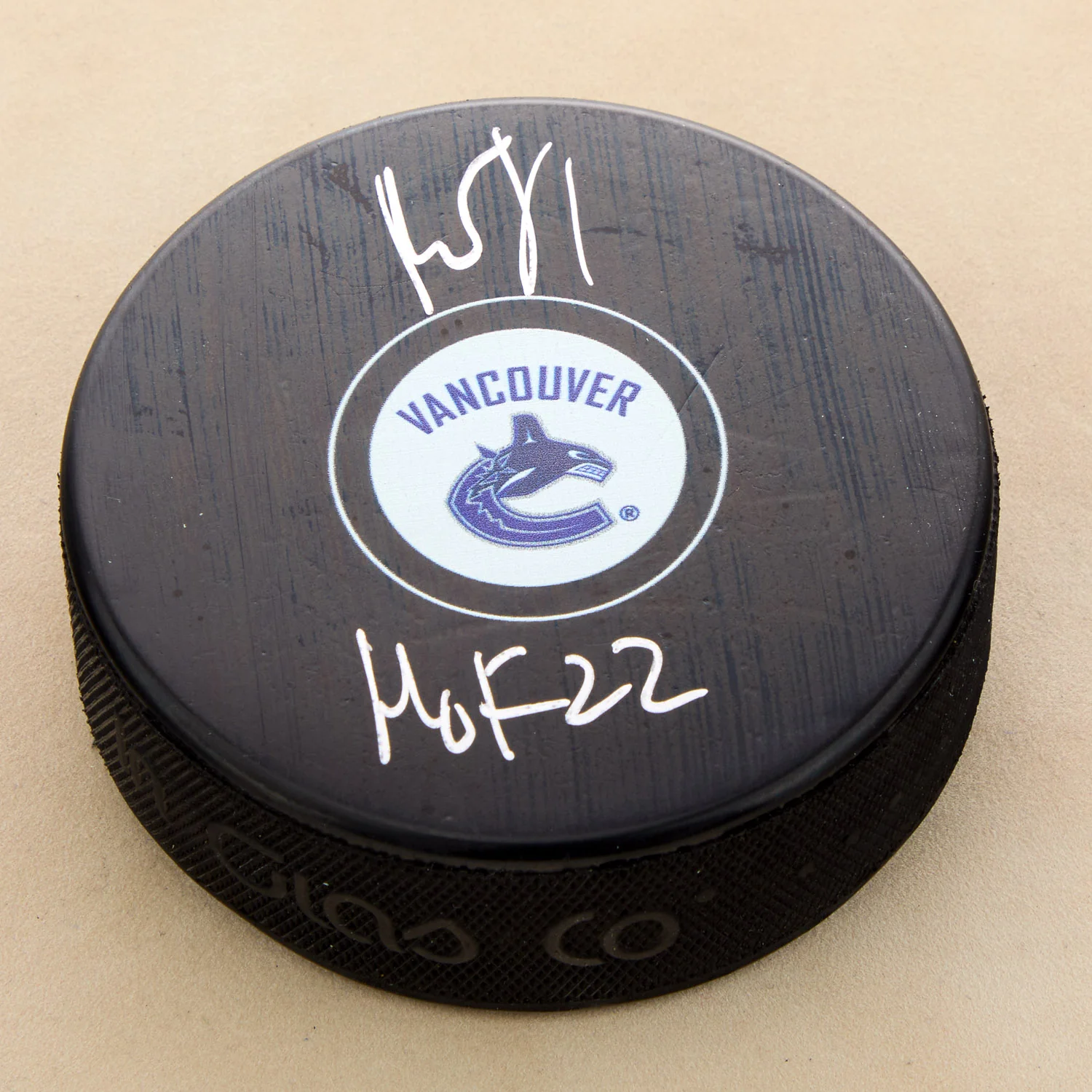 Roberto Luongo Autographed Vancouver Canucks Retro Logo Puck with HOF Note