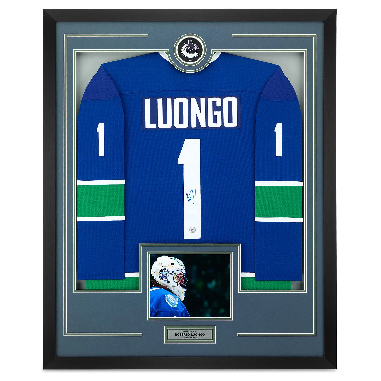 Roberto Luongo Signed Vancouver Canucks Puck Logo 36x44 Jersey Frame