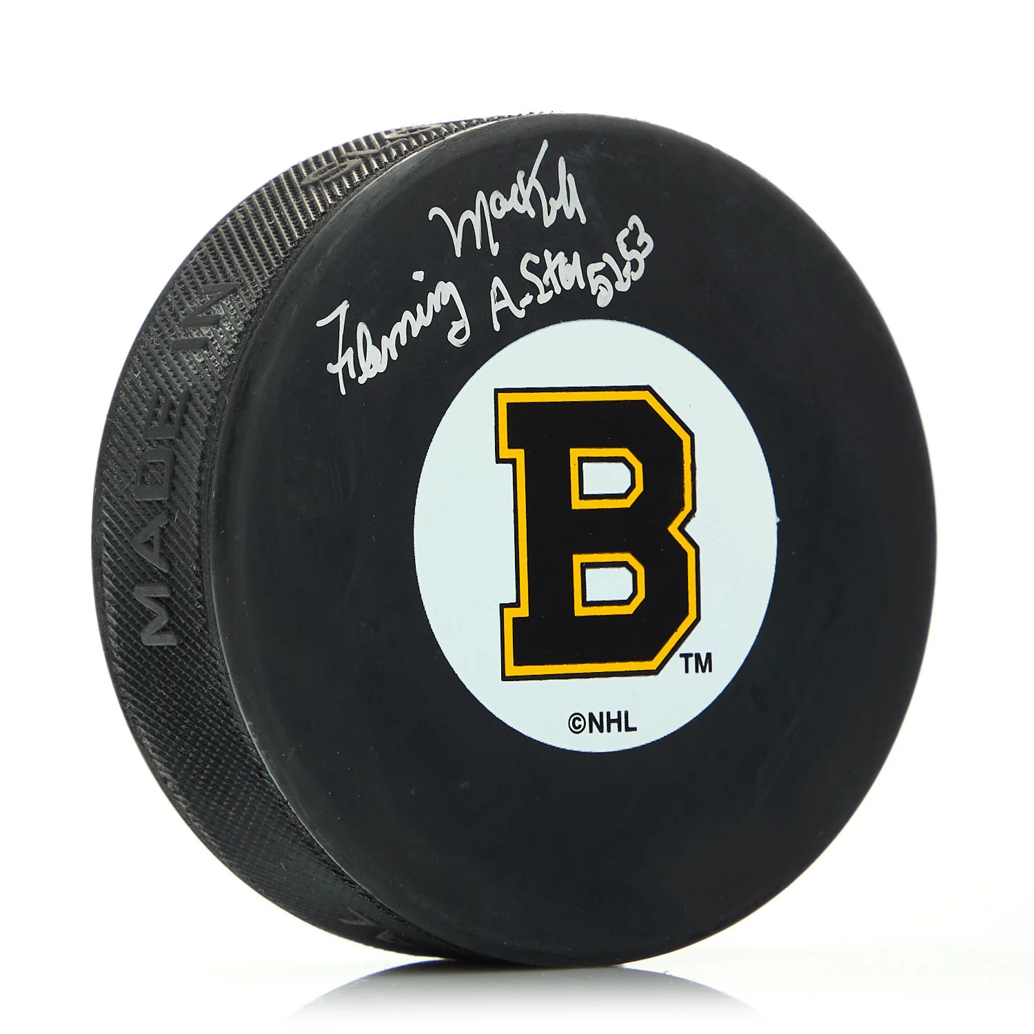 Fleming Mackell Boston Bruins Signed Original 6 Puck