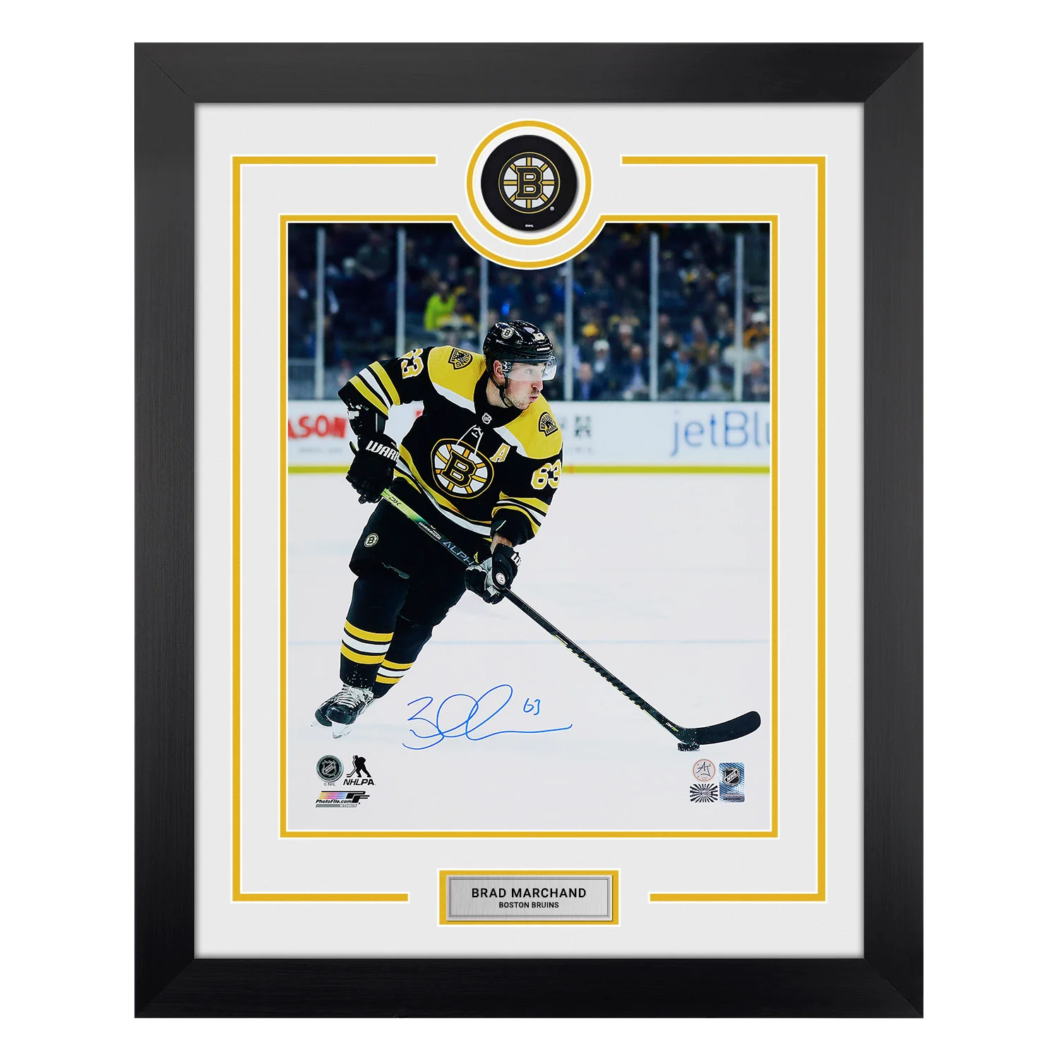 Brad Marchand Signed Boston Bruins Puck Logo 26x32 Frame