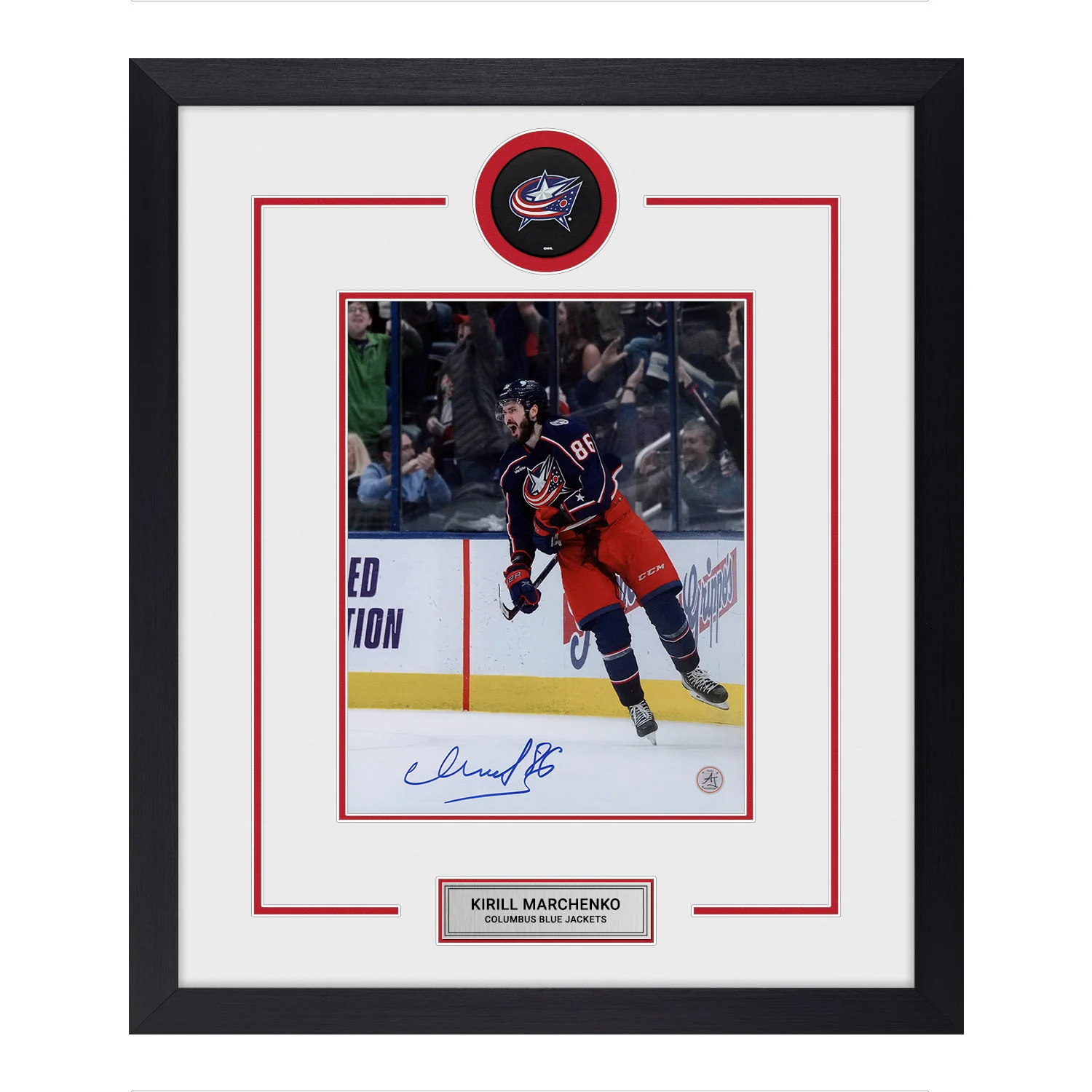 Kirill Marchenko Autographed Columbus Blue Jackets Puck Logo 23x27 Frame
