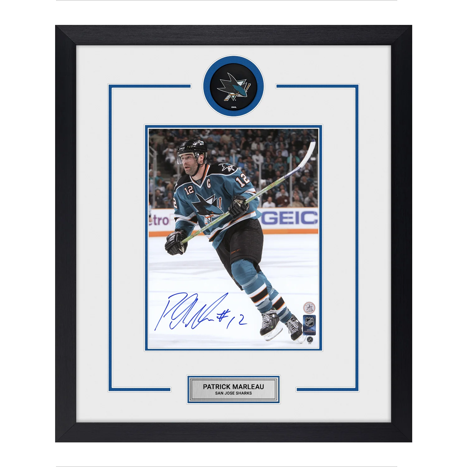 Patrick Marleau Autographed San Jose Sharks Puck Logo 22x26 Frame