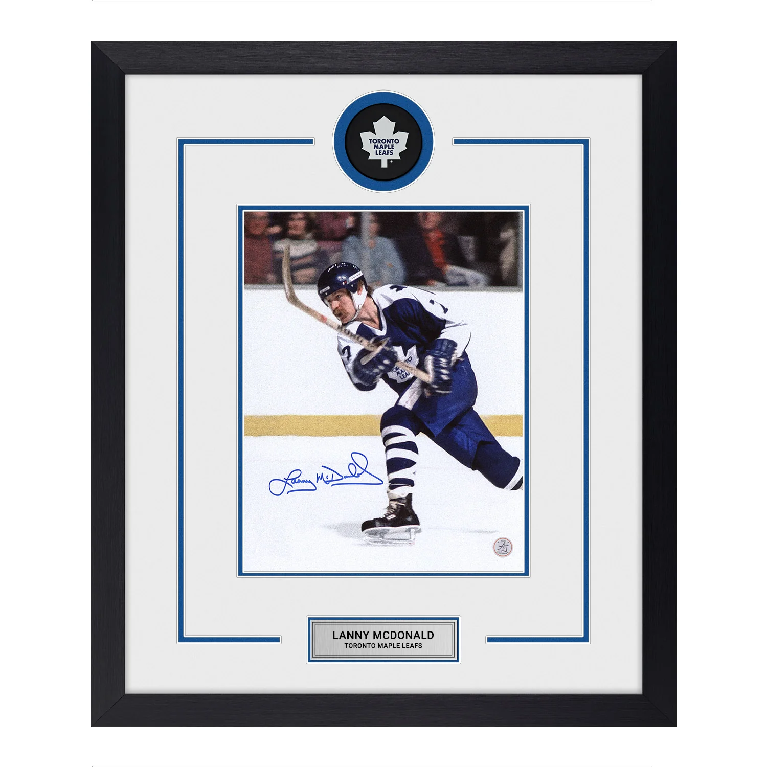 Lanny McDonald Autographed Toronto Maple Leafs Puck Logo 23x27 Frame