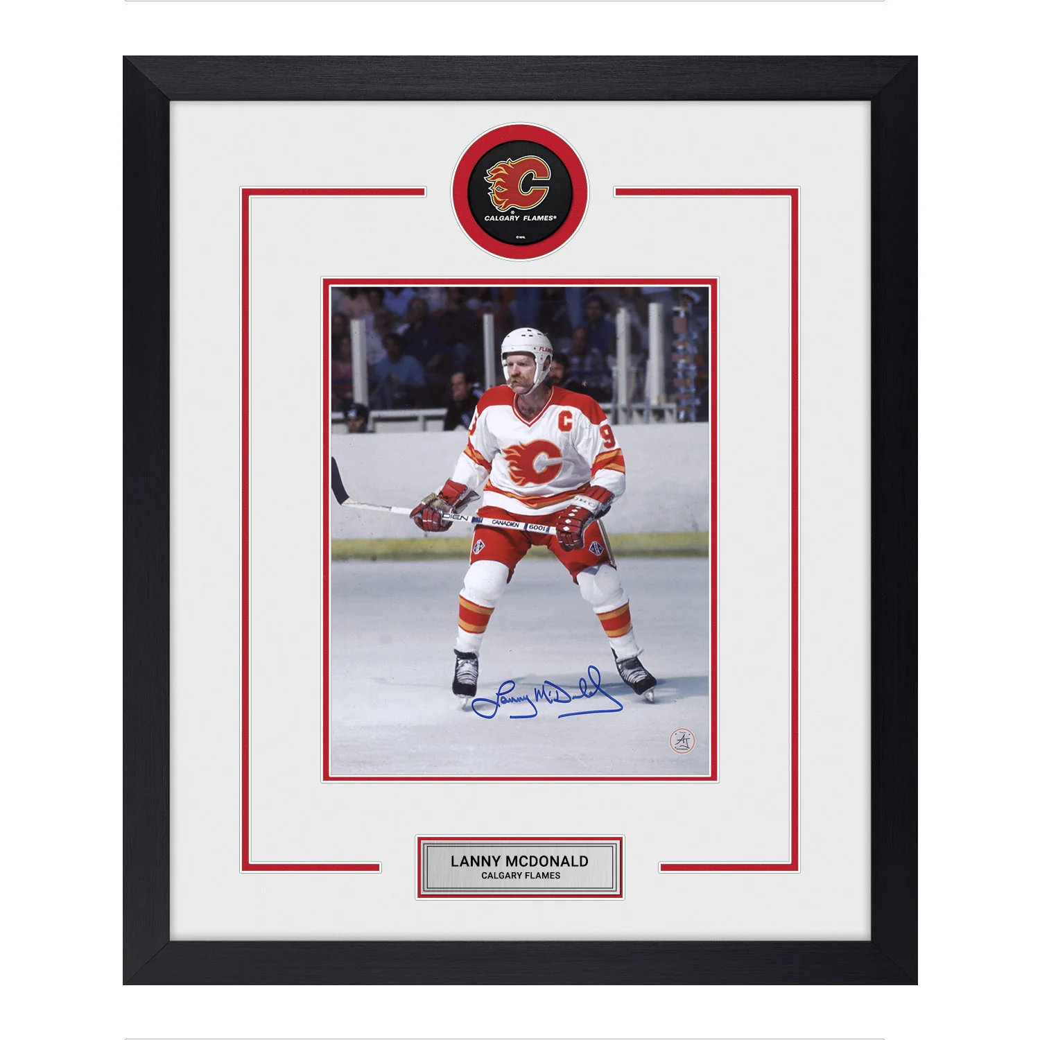 Lanny McDonald Autographed Calgary Flames Puck Logo 23x27 Frame