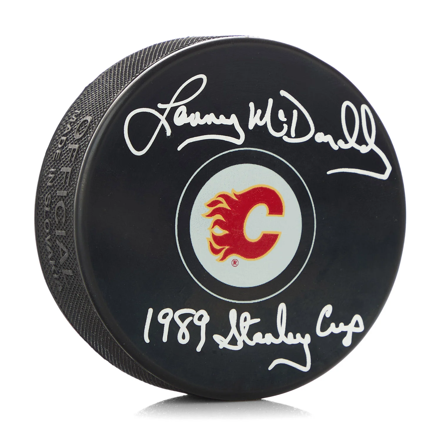 Lanny McDonald Signed Calgary Flames Hockey Puck with 1989 Stanley Cup Note