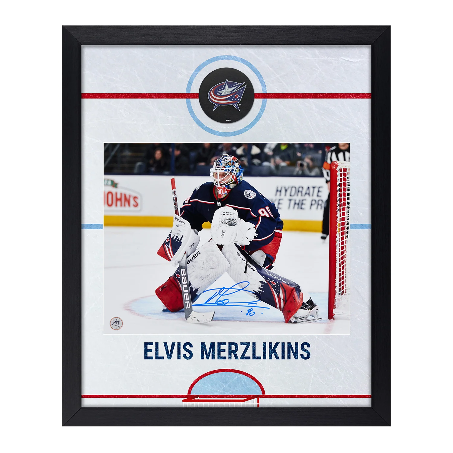 Elvis Merzlikins Signed Columbus Blue Jackets Graphic Rink 19x23 Frame