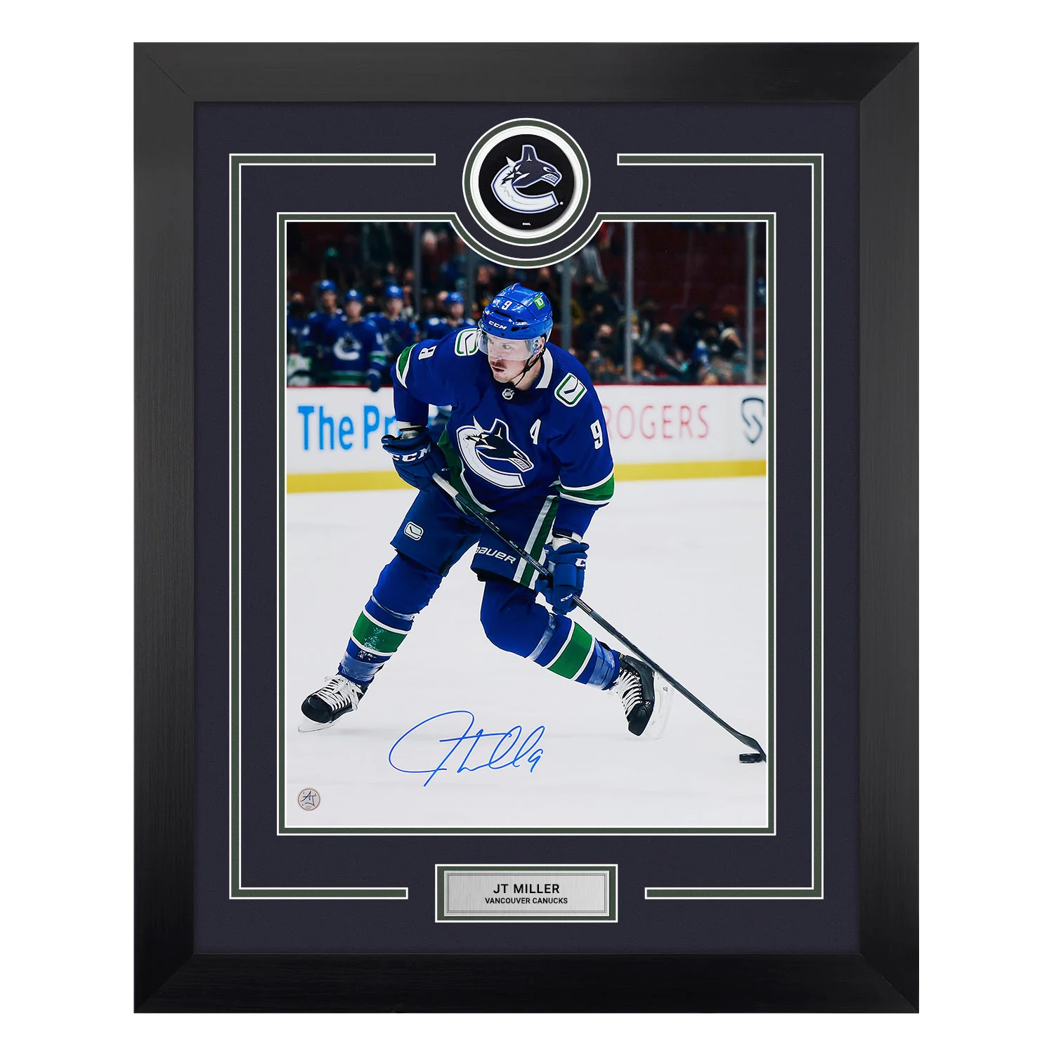 JT Miller Autographed Vancouver Canucks Puck Logo 26x32 Frame