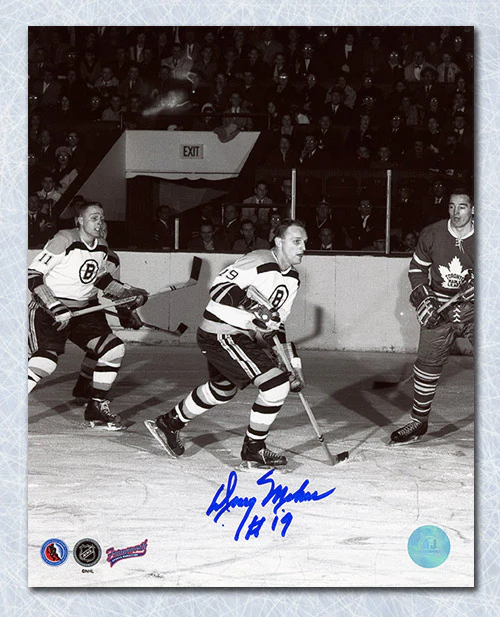 Doug Mohns Autographed Boston Bruins Black & White Action 8x10 Photo