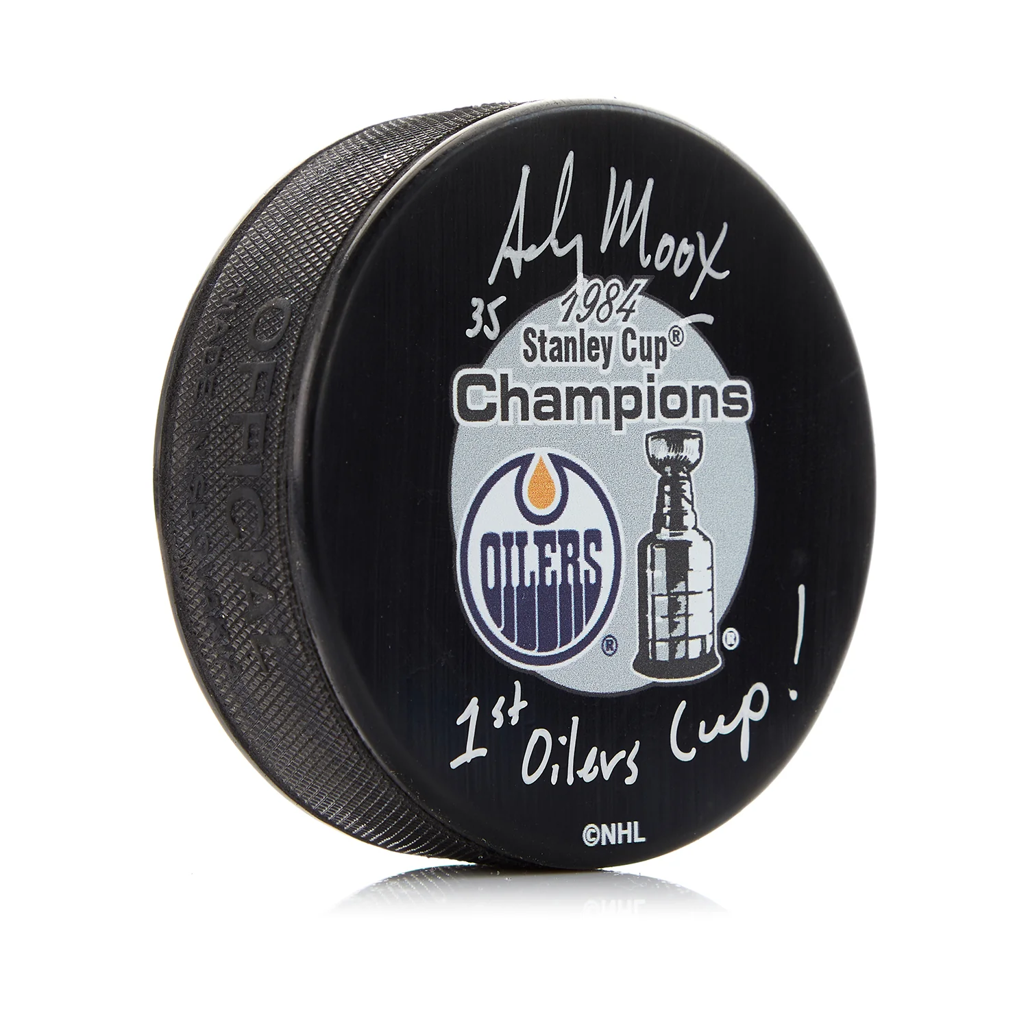 Andy Moog Signed Edmonton Oilers 1984 Champions Puck with Cup Note
