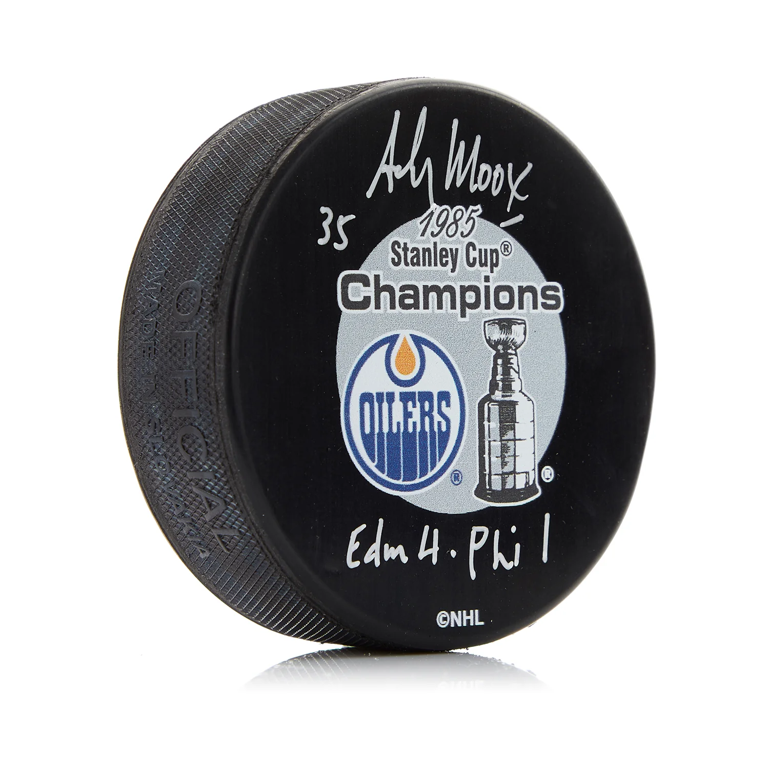 Andy Moog Signed Edmonton Oilers 1985 Champions Puck with Cup Note
