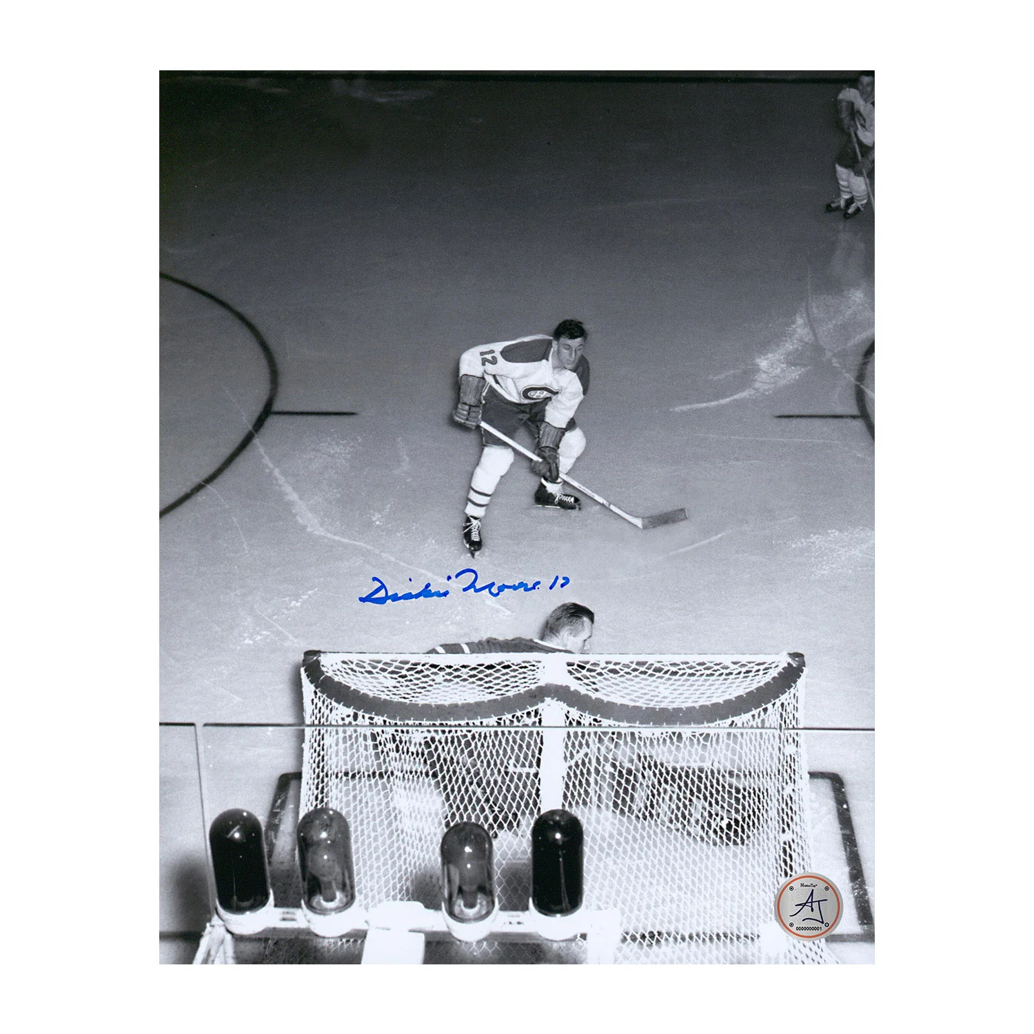 Dickie Moore Signed Montreal Canadiens Overhead vs Bower 8x10 Photo