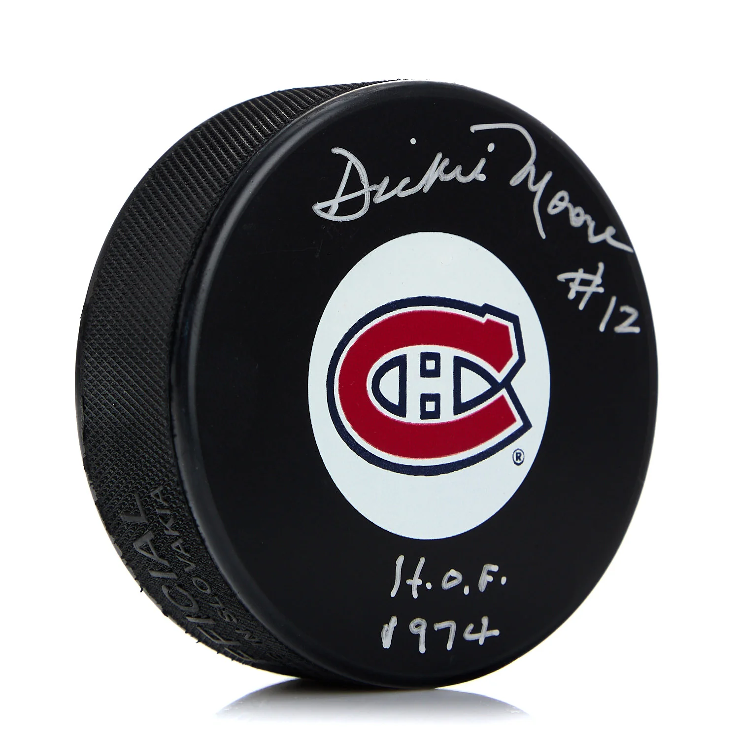 Dickie Moore Autographed Montreal Canadiens Hockey Puck with HOF Note