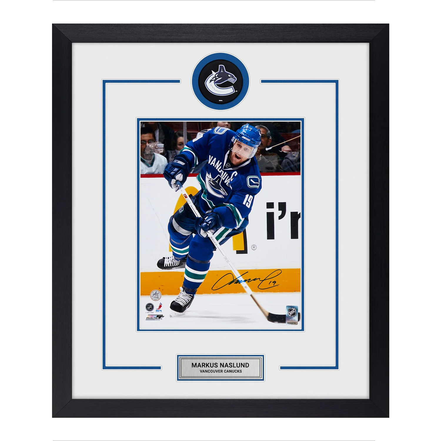 Markus Naslund Signed Vancouver Canucks Puck Logo 23x27 Frame