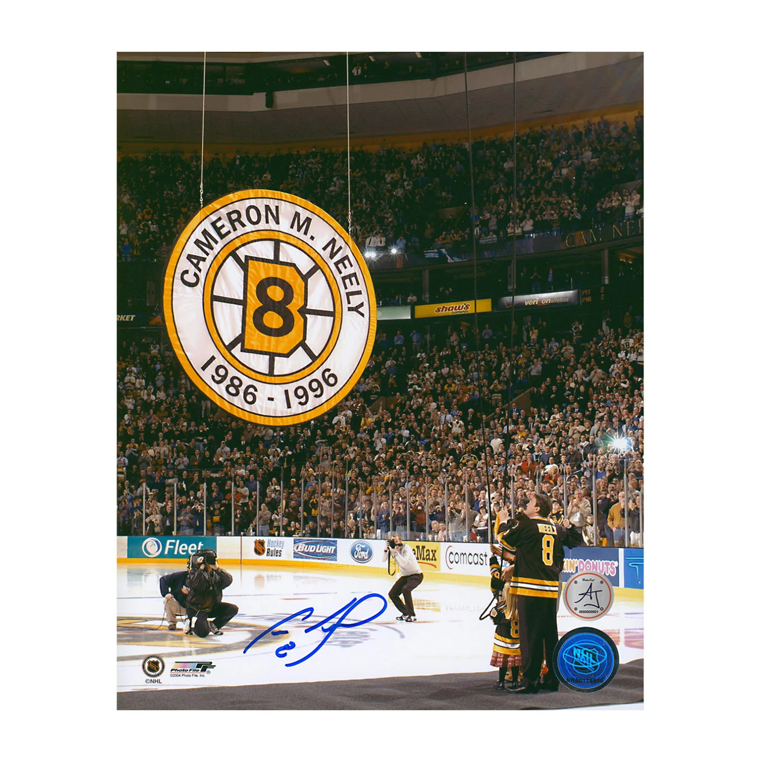 Cam Neely Autographed Boston Bruins Banner Retirement 8x10 Photo