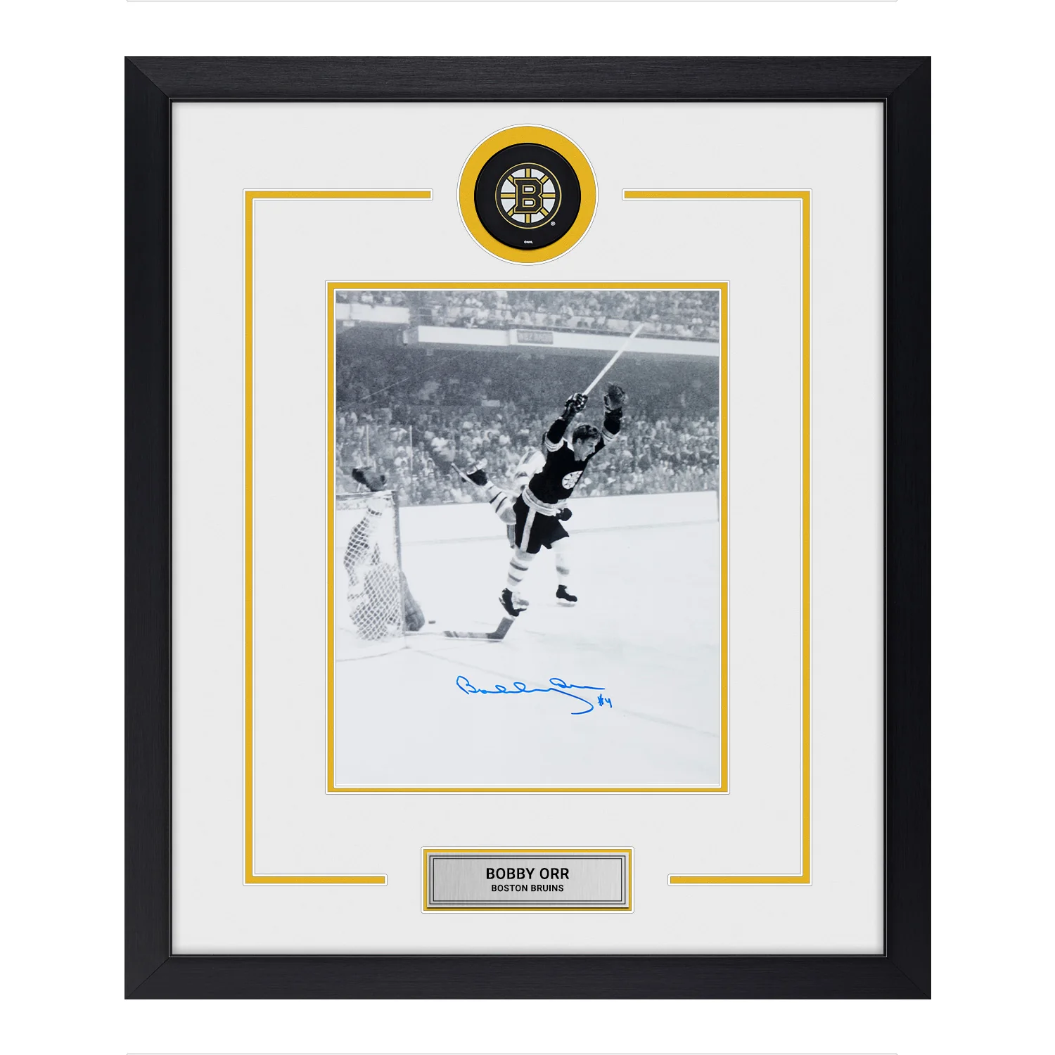 Bobby Orr Autographed Boston Bruins Puck Logo 22x26 Frame