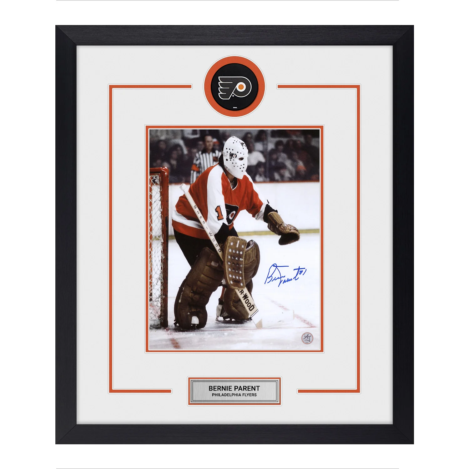Bernie Parent Autographed Philadelphia Flyers Puck Logo 23x27 Frame