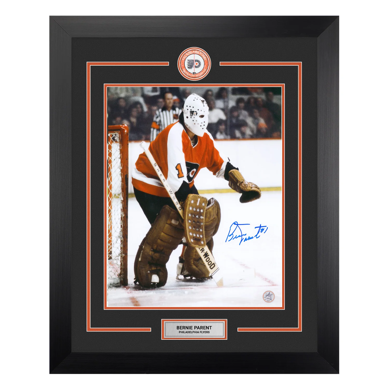 Bernie Parent Autographed Philadelphia Flyers Centre Ice Logo 26x32 Frame