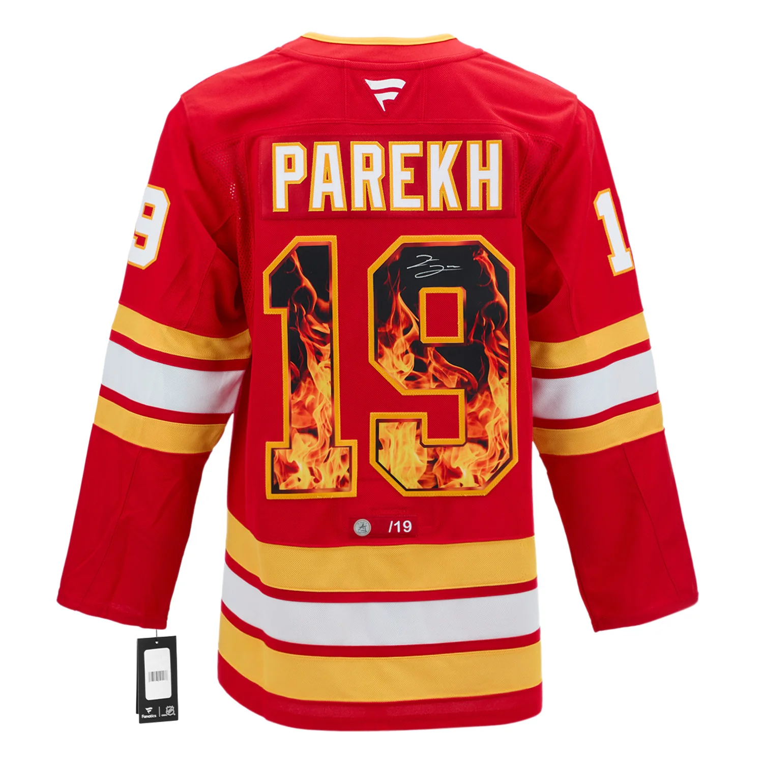 Zayne Parekh Signed Calgary Flames Roaring Fire Art Jersey #/19