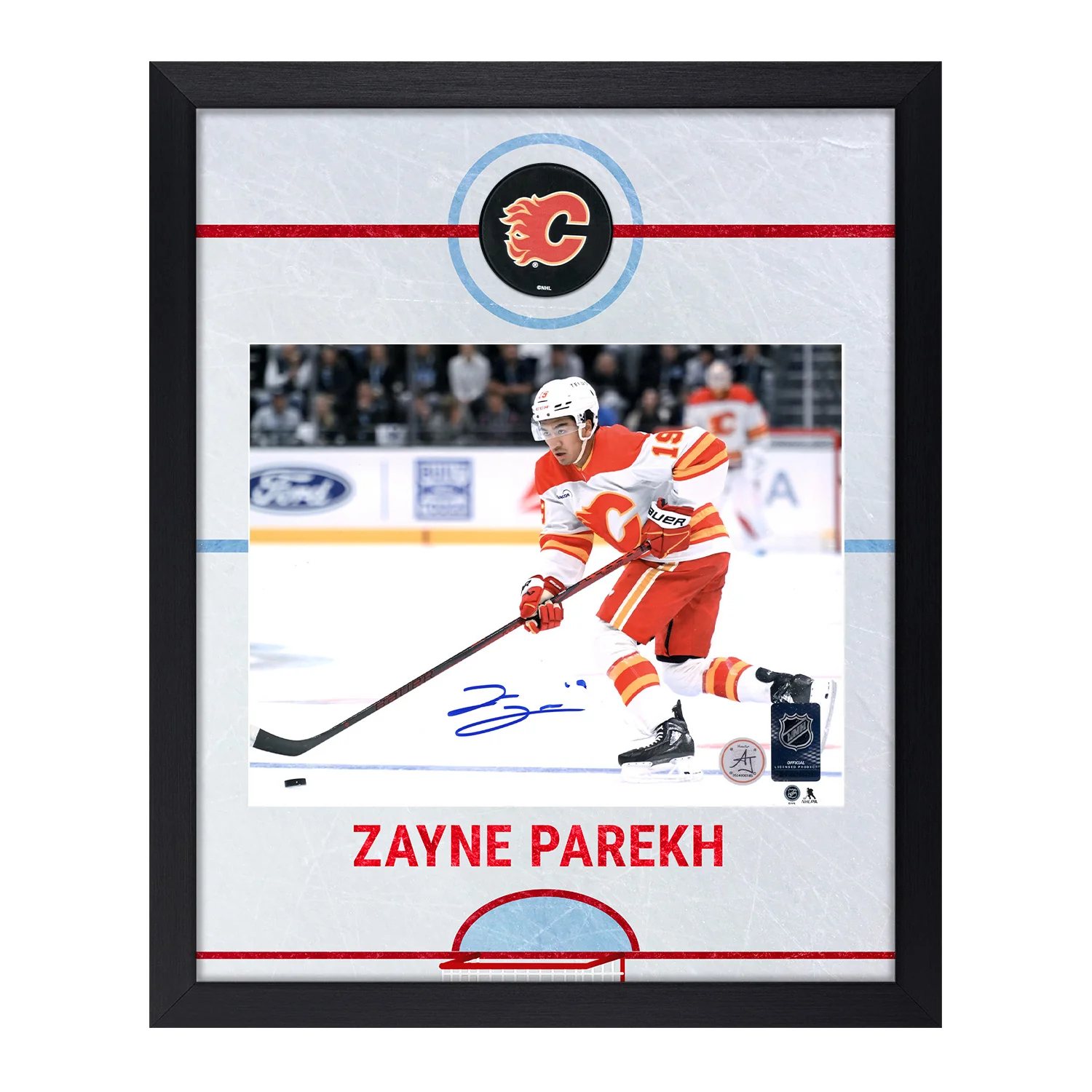 Zayne Parekh Autographed Calgary Flames Graphic Rink 18x22 Frame